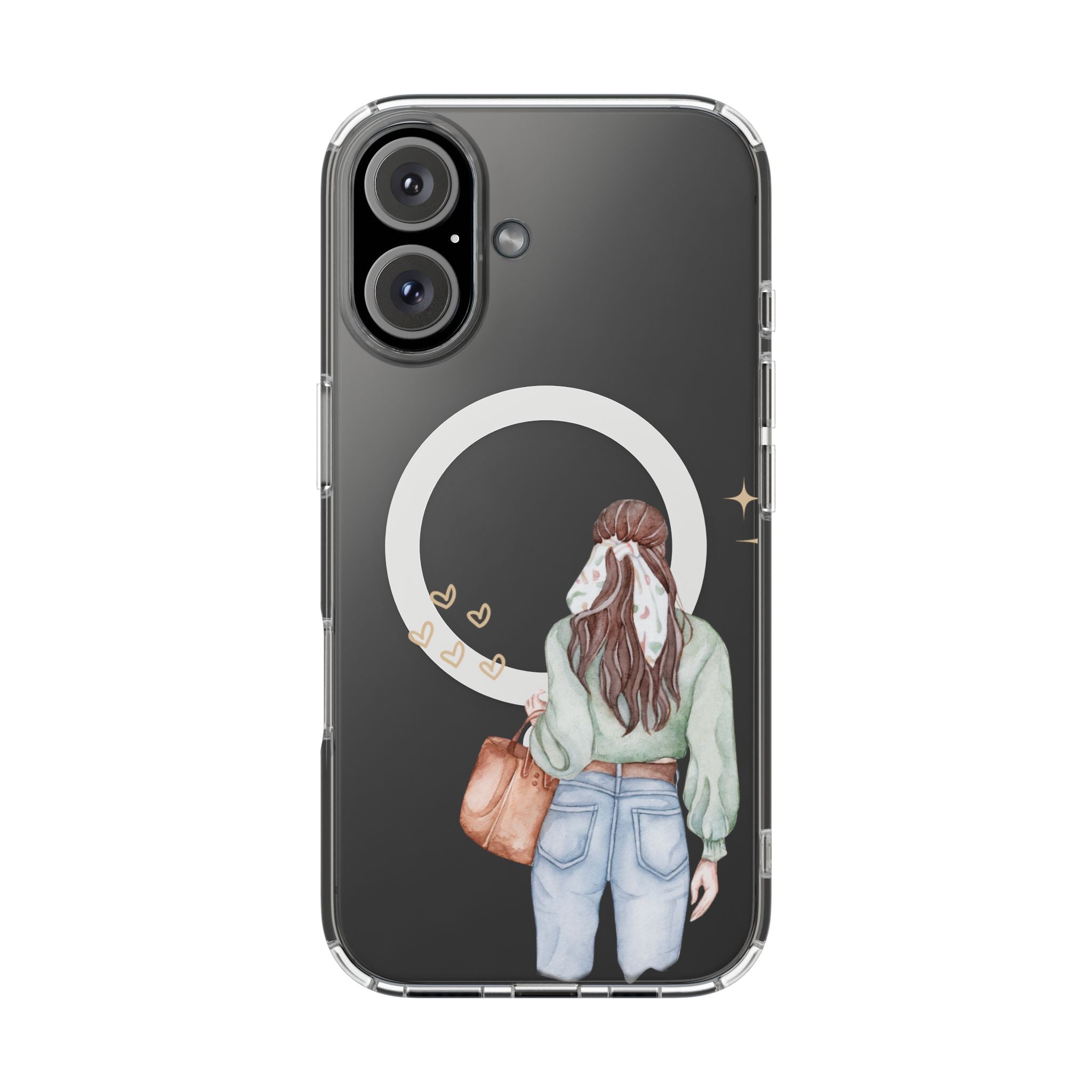 Phone case with illustration of a person holding a bag against a dark background