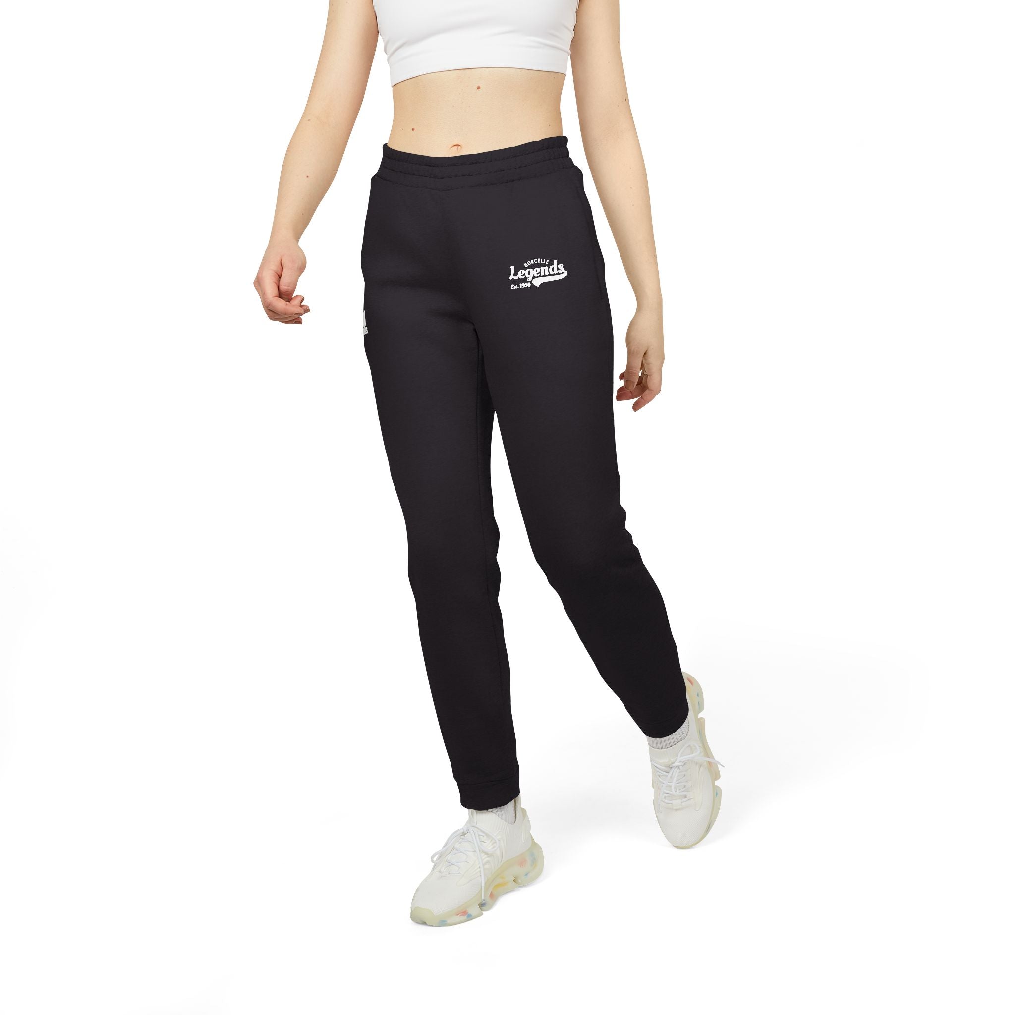 Person wearing black sweatpants with a logo on a white background