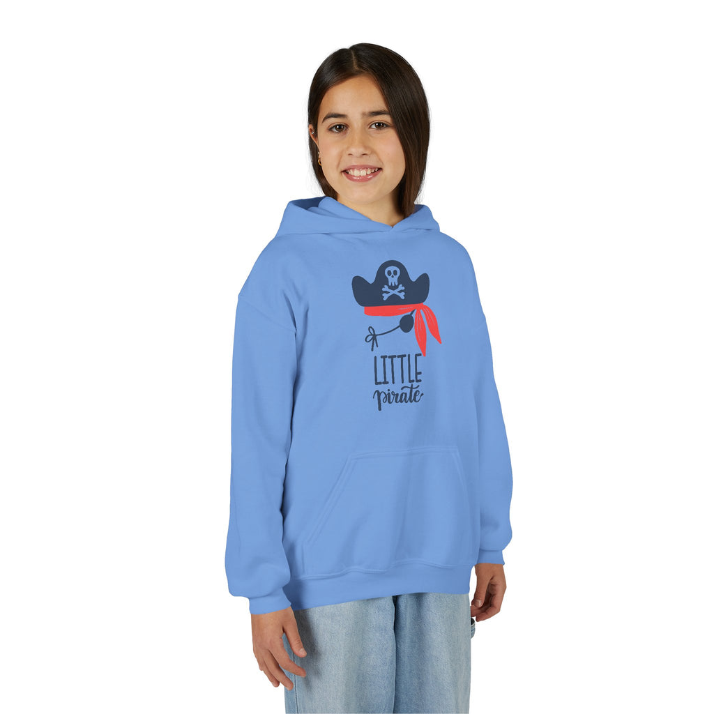 Child wearing a blue hoodie with a 'Little Pirate' design on a white background