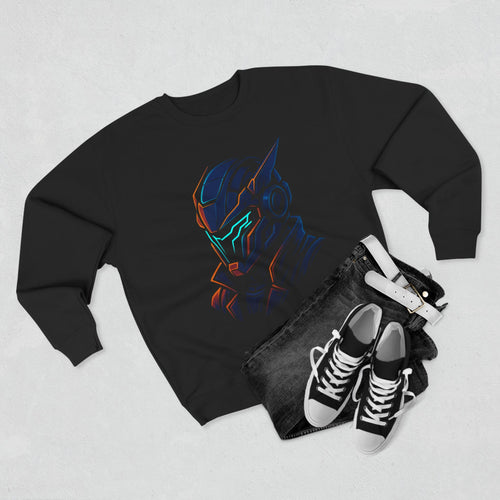 Black sweatshirt with a colorful graphic design, black jeans, and black sneakers on a light gray background