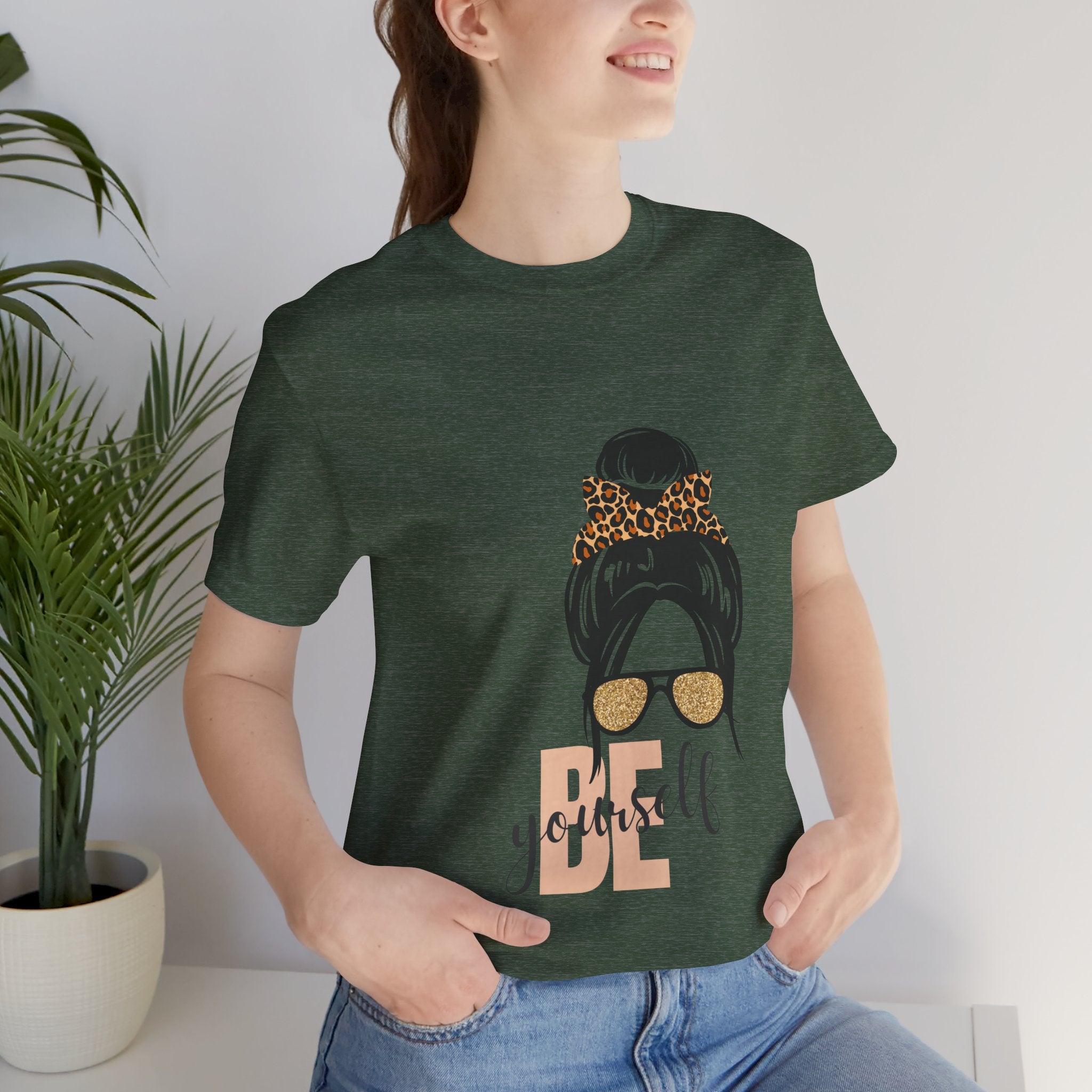 Be Yourself Leopard Bun Girl T-Shirt - Glitter Sunglasses Graphic Shirt