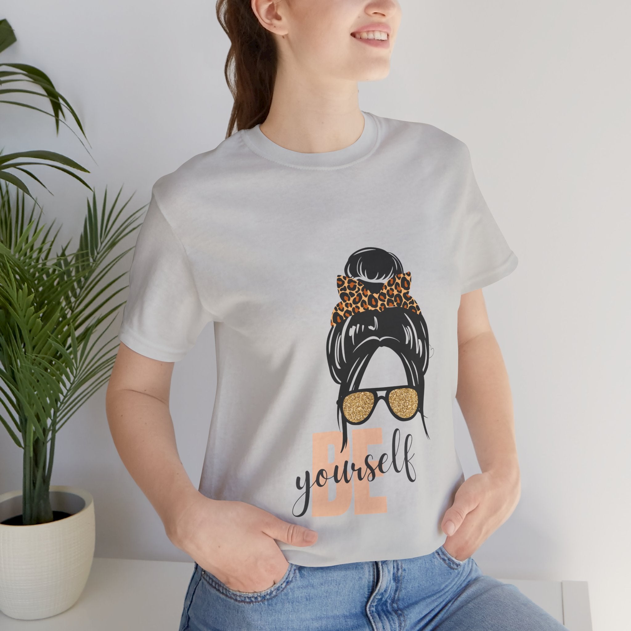 Be Yourself Leopard Bun Girl T-Shirt - Glitter Sunglasses Graphic Shirt