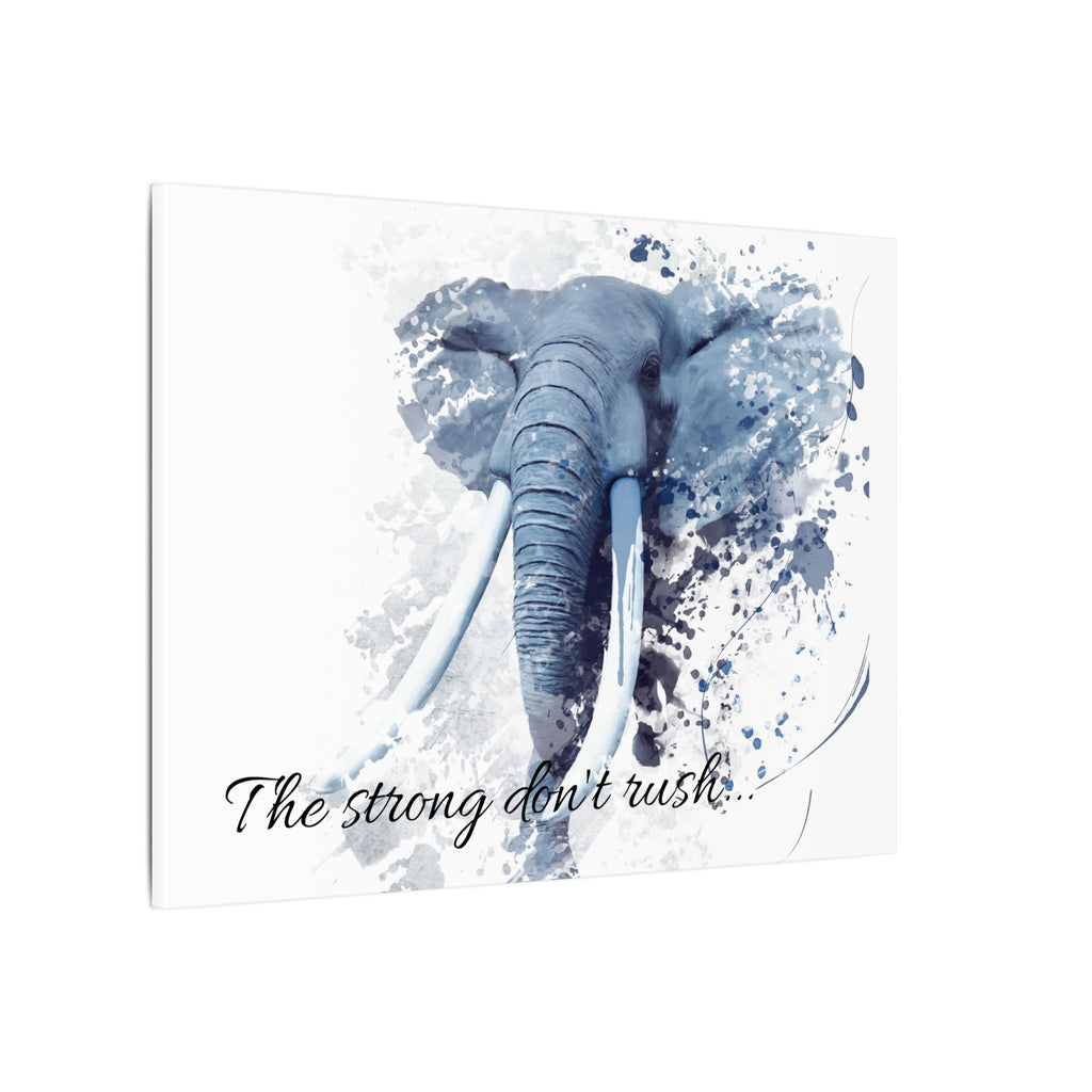 Blue elephant illustration with watercolor effect and text 'The strong don't rush' on a white background