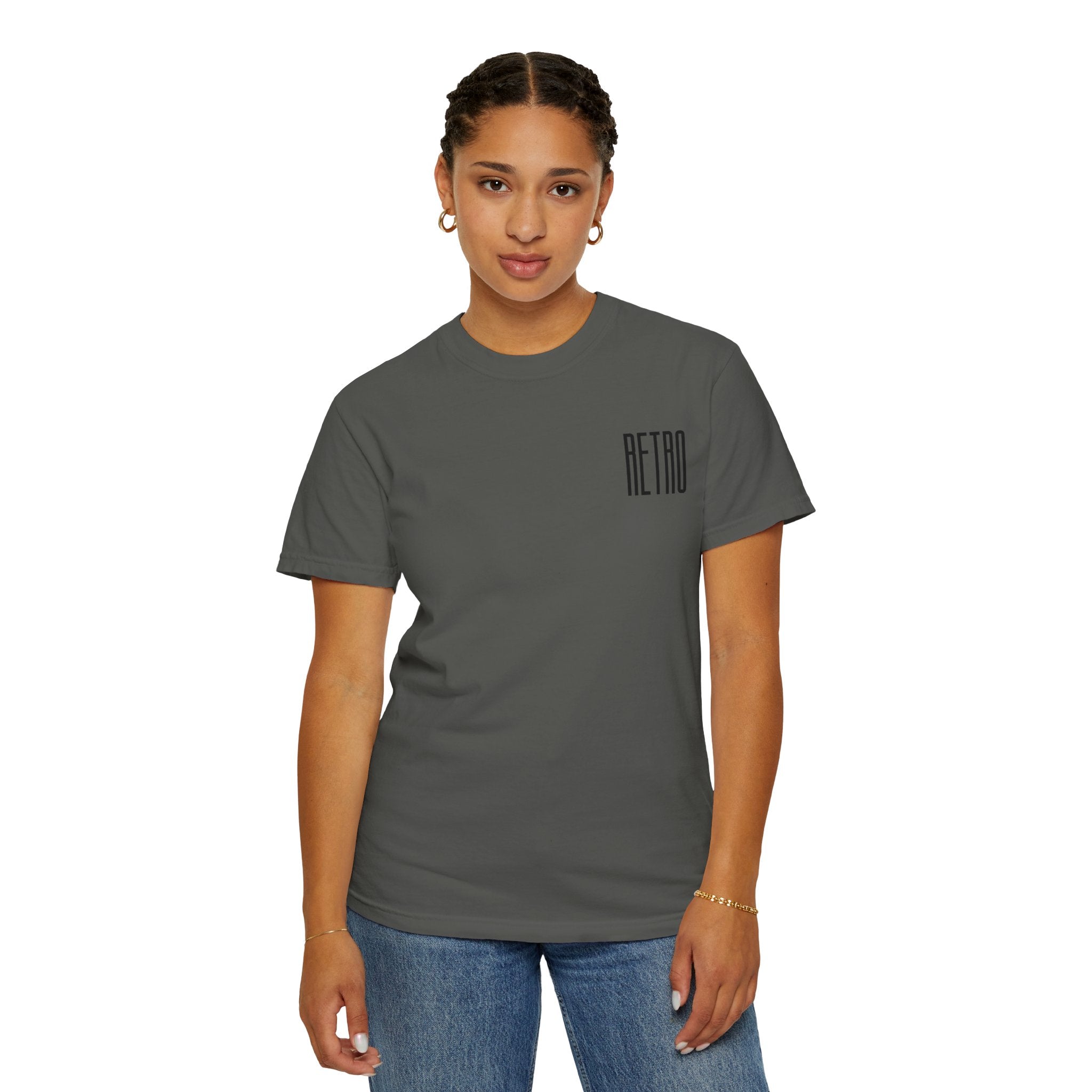 Person wearing a gray t-shirt with 'RETRO' text on a white background