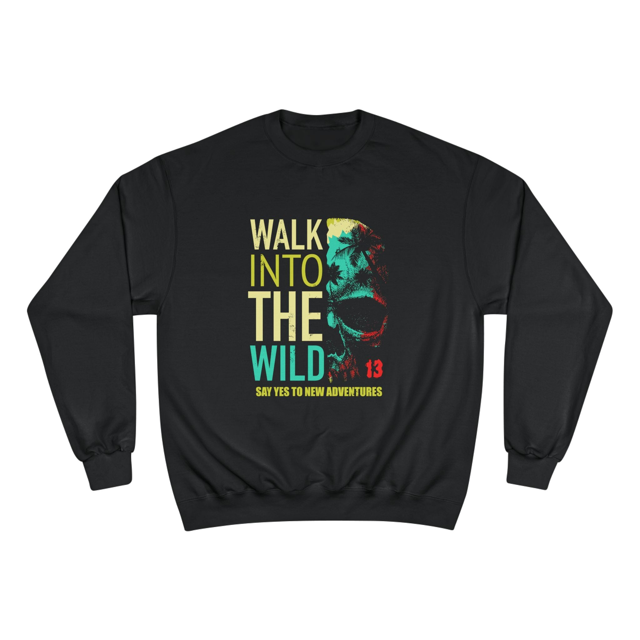 Black sweatshirt with colorful graphic and text on a white background
