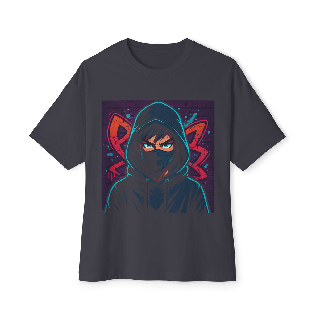 Black t-shirt with a graphic of a hooded figure with red accents on a white background