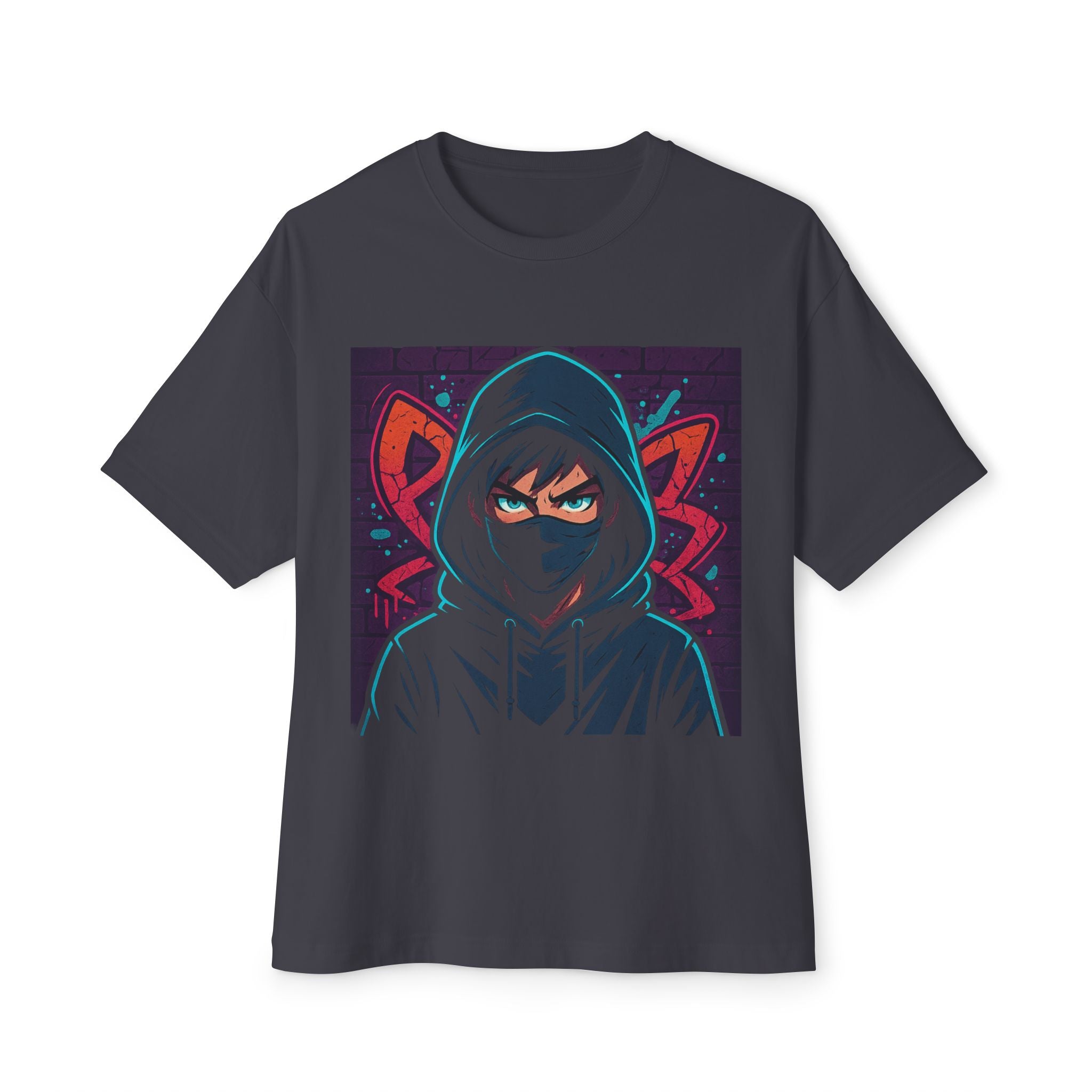 Black t-shirt with a graphic of a hooded figure with red accents on a white background