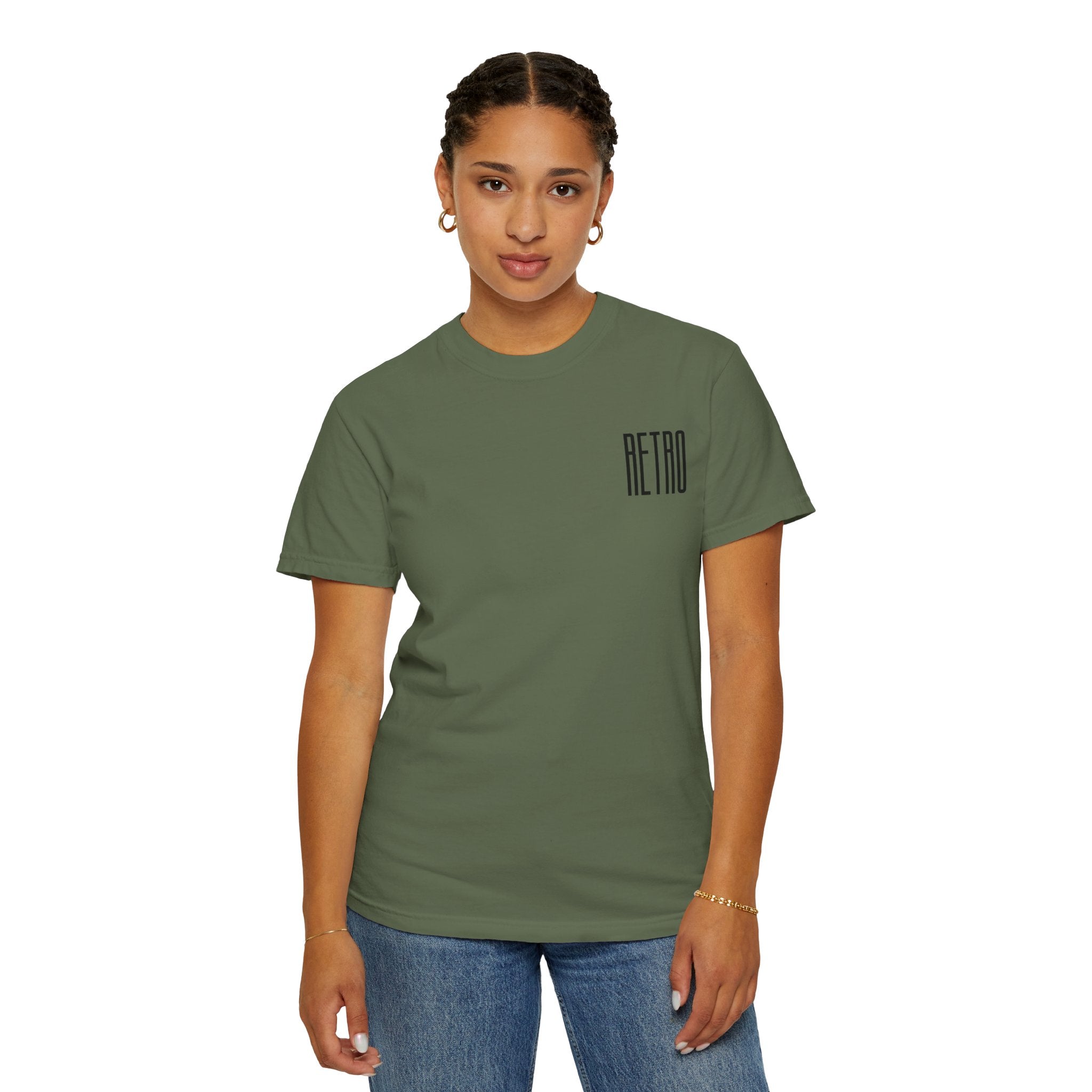 Person wearing a green t-shirt with 'RETRO' text on a white background