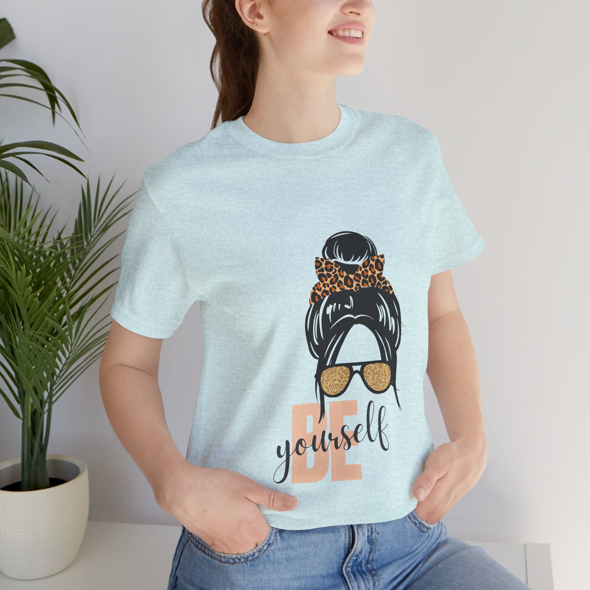 Be Yourself Leopard Bun Girl T-Shirt - Glitter Sunglasses Graphic Shirt