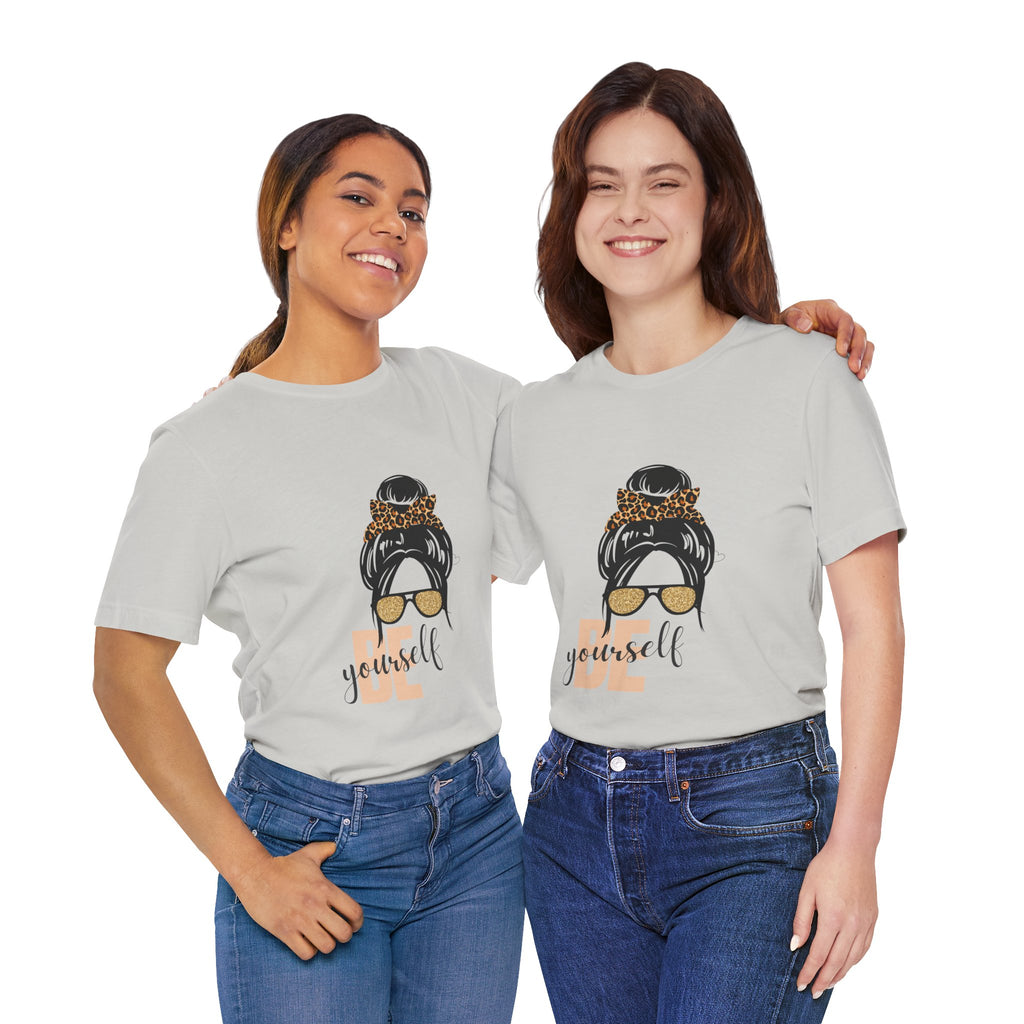 Be Yourself Leopard Bun Girl T-Shirt - Glitter Sunglasses Graphic Shirt