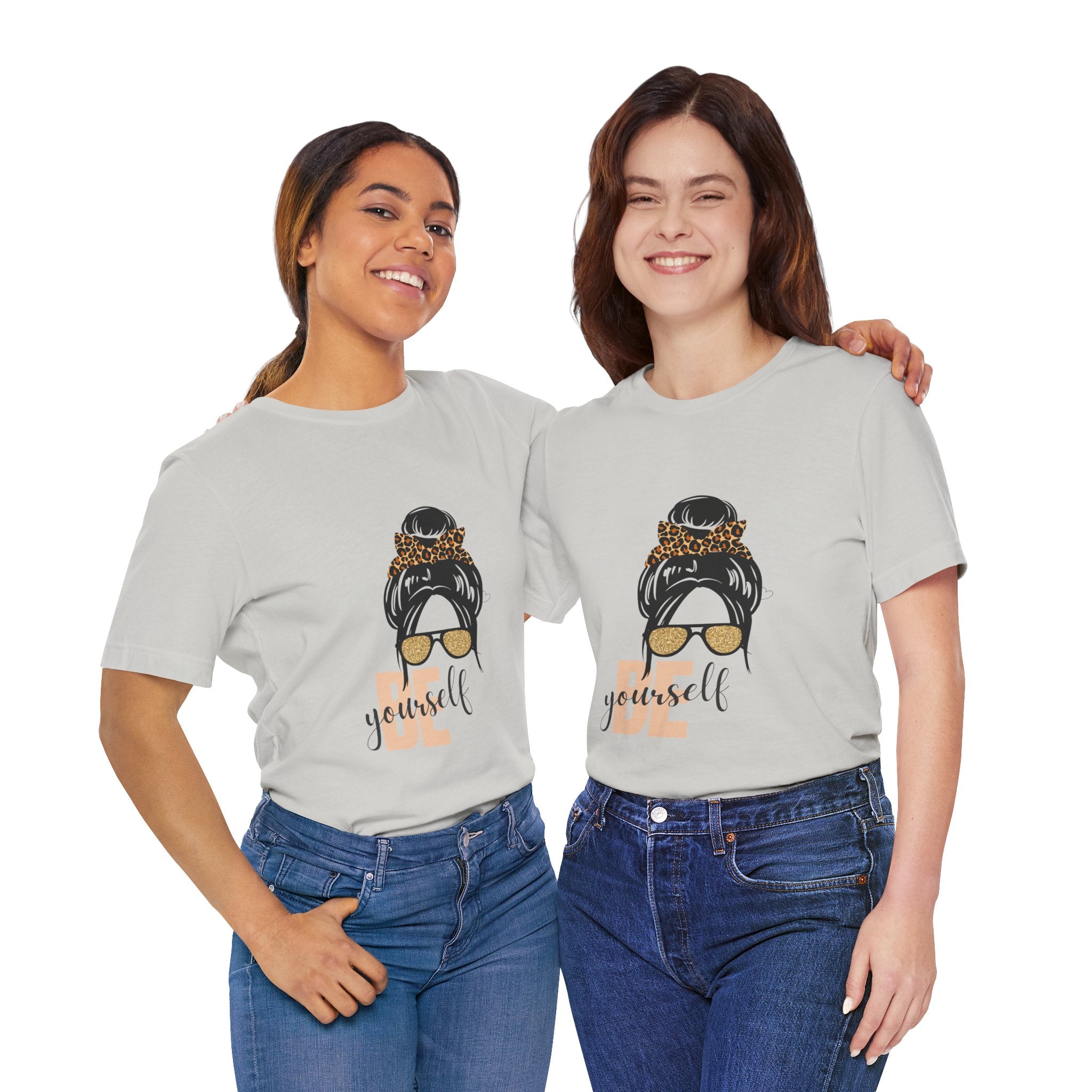 Be Yourself Leopard Bun Girl T-Shirt - Glitter Sunglasses Graphic Shirt