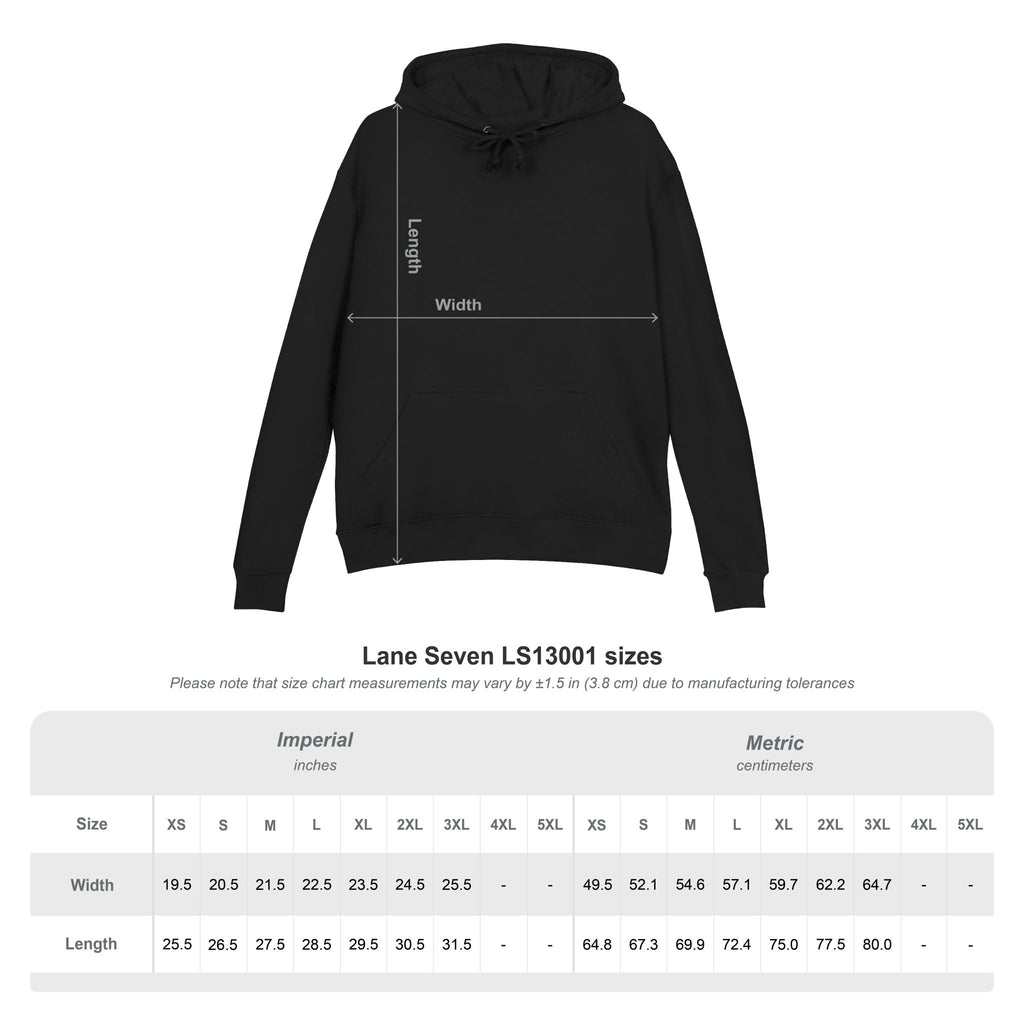 Black hoodie with size chart measurements on a white background