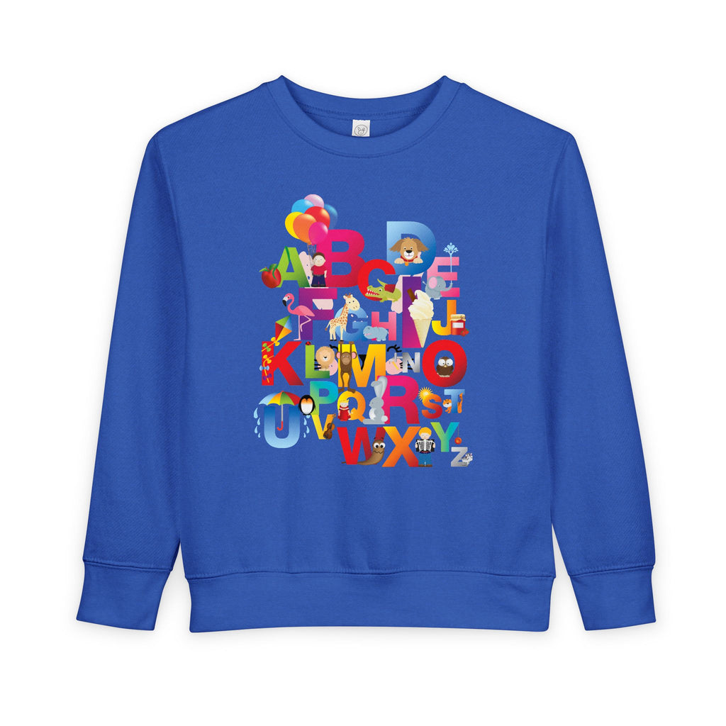 Blue sweatshirt with colorful alphabet letters on a white background