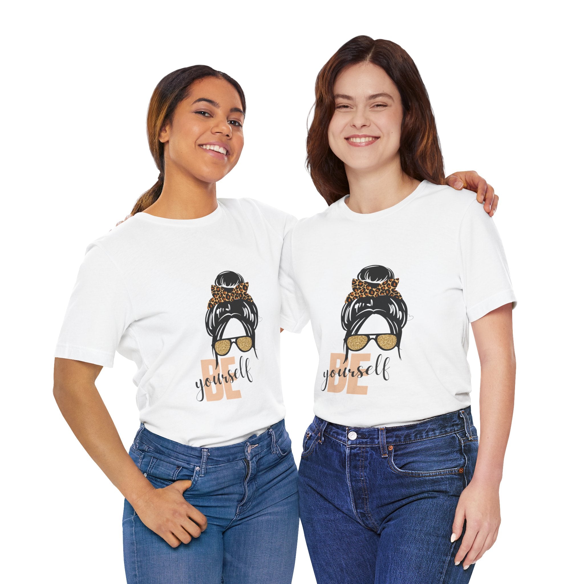 Be Yourself Leopard Bun Girl T-Shirt - Glitter Sunglasses Graphic Shirt