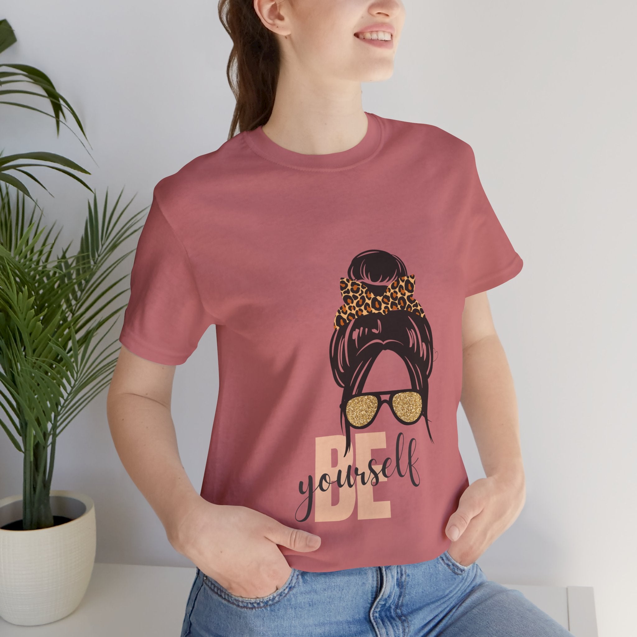 Be Yourself Leopard Bun Girl T-Shirt - Glitter Sunglasses Graphic Shirt