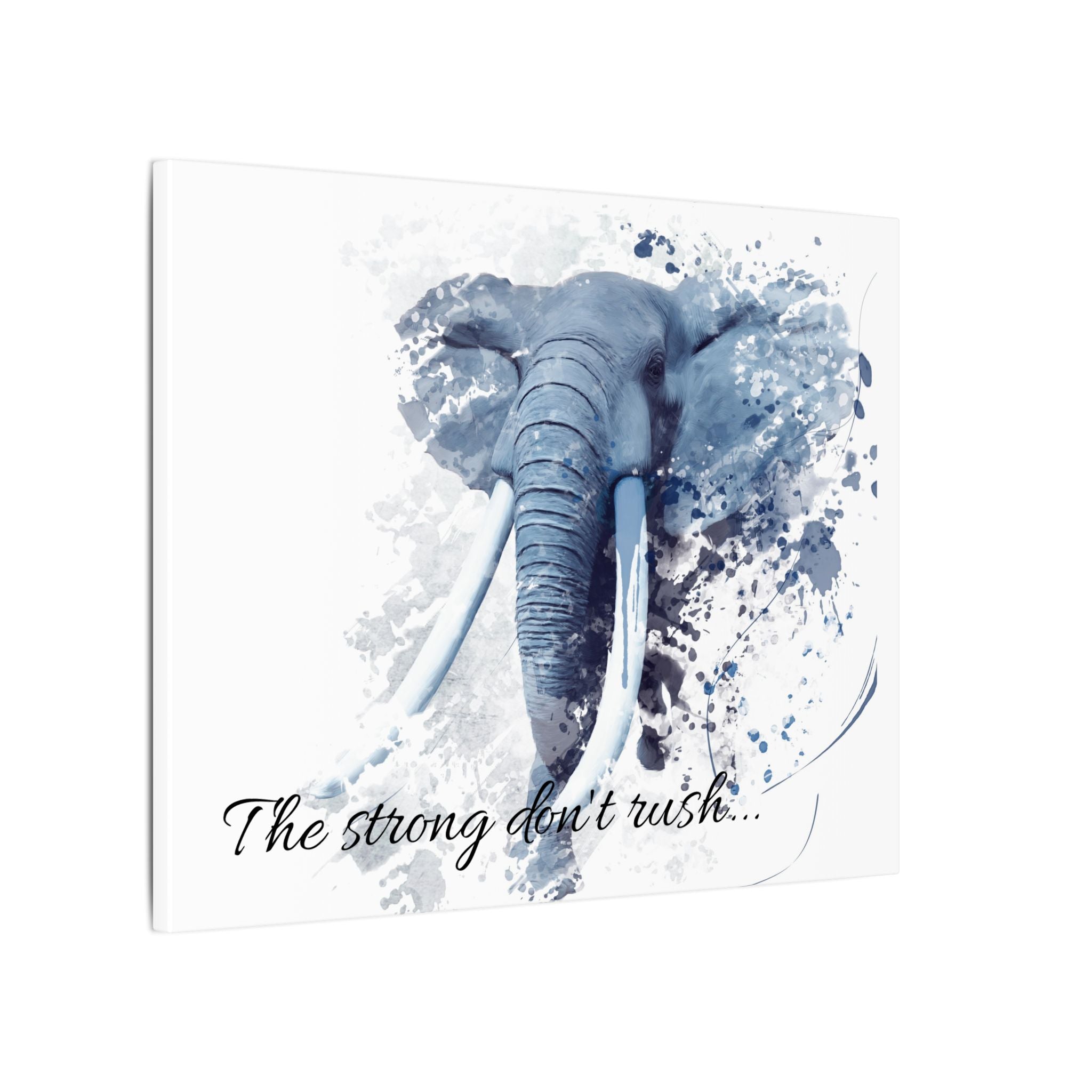 Blue elephant illustration with watercolor splashes and text on a white background
