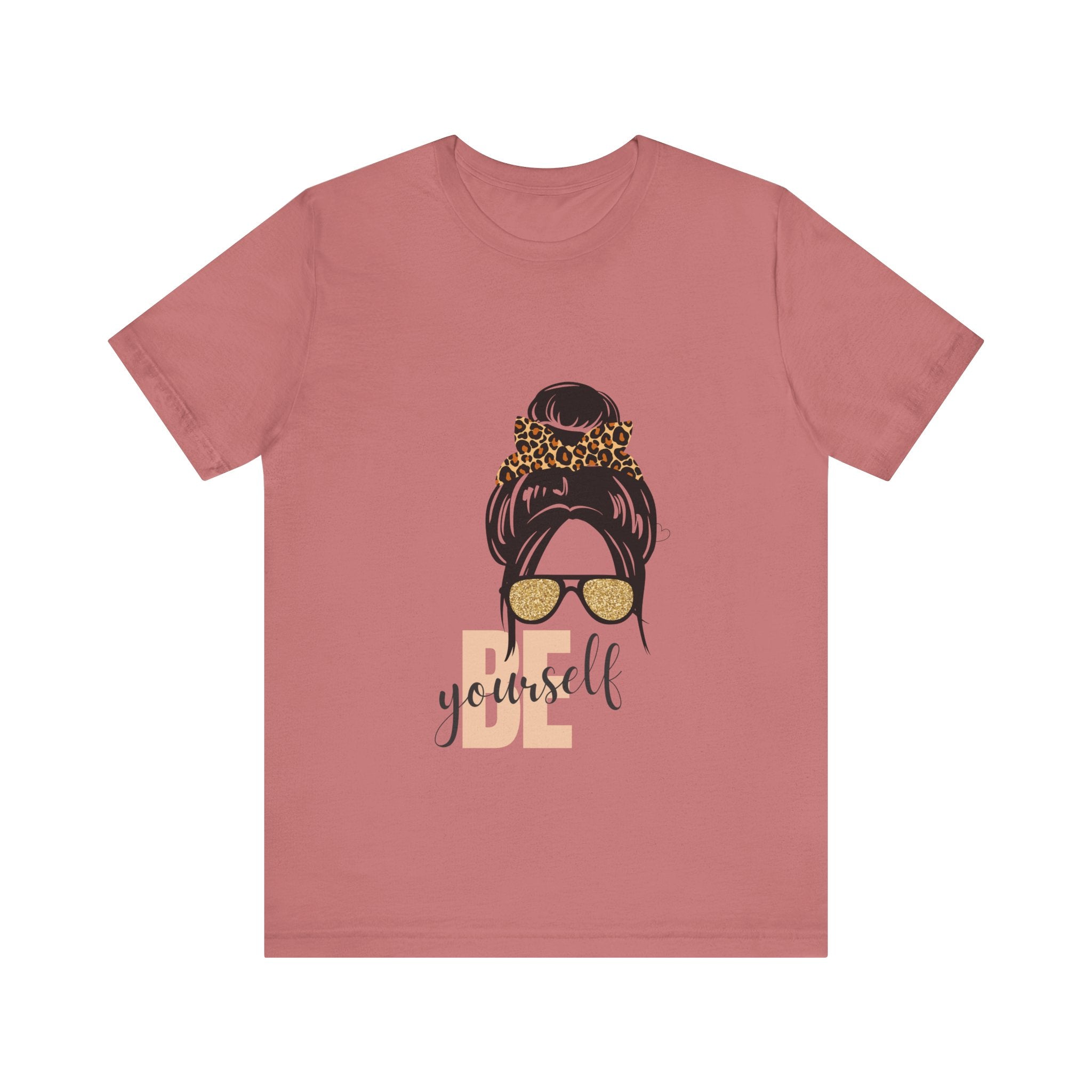 Be Yourself Leopard Bun Girl T-Shirt - Glitter Sunglasses Graphic Shirt