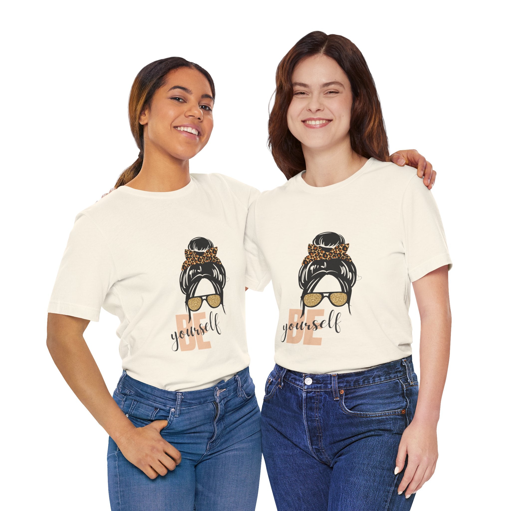 Be Yourself Leopard Bun Girl T-Shirt - Glitter Sunglasses Graphic Shirt