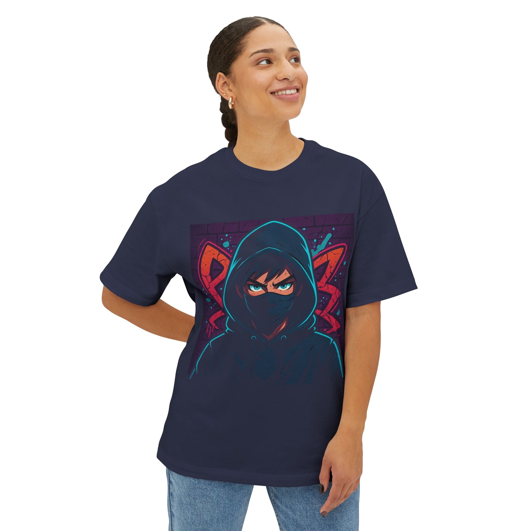 Person wearing a navy blue t-shirt with a graphic design on a white background