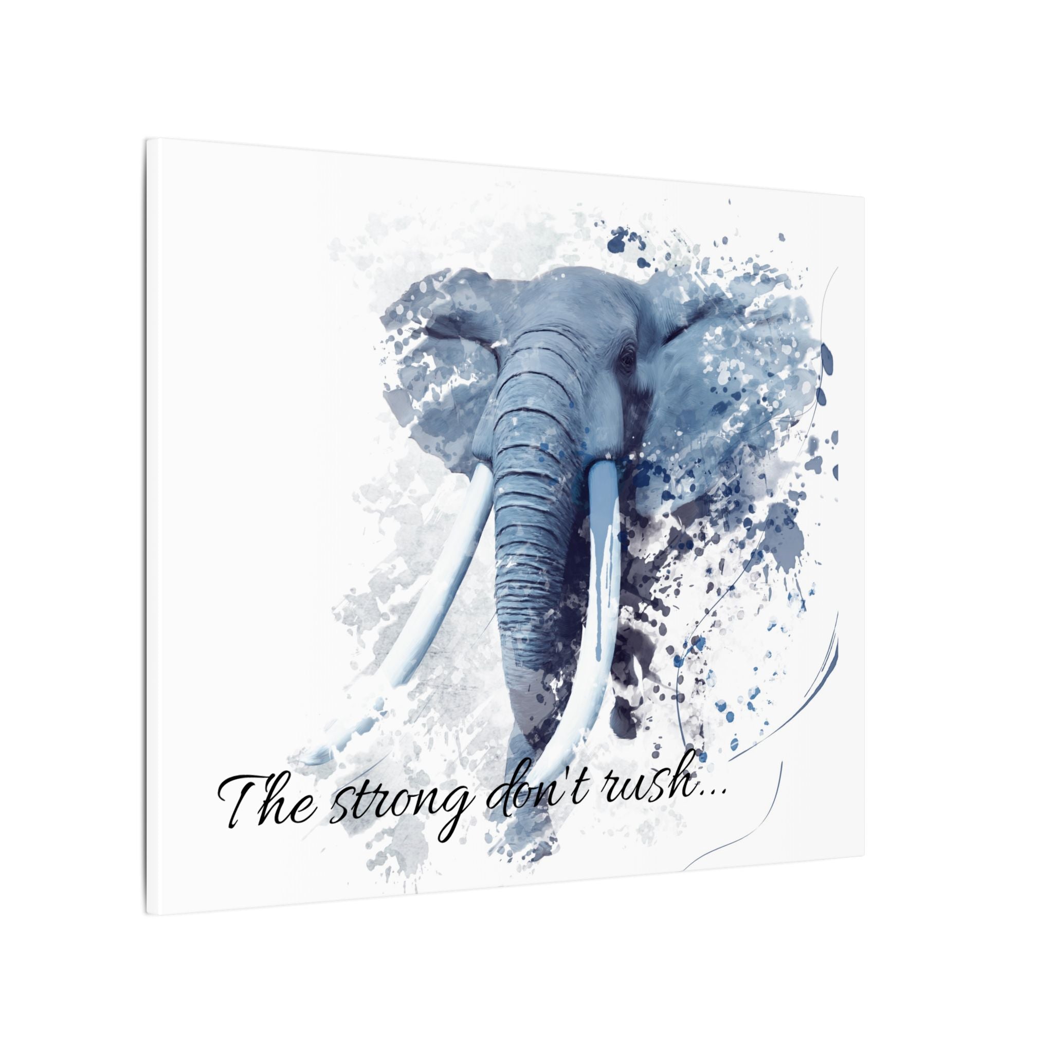Blue elephant illustration with watercolor splashes and text on a white background