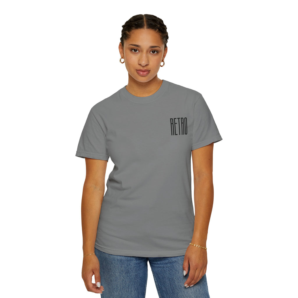 Person wearing a gray t-shirt with 'RETRO' text on a white background