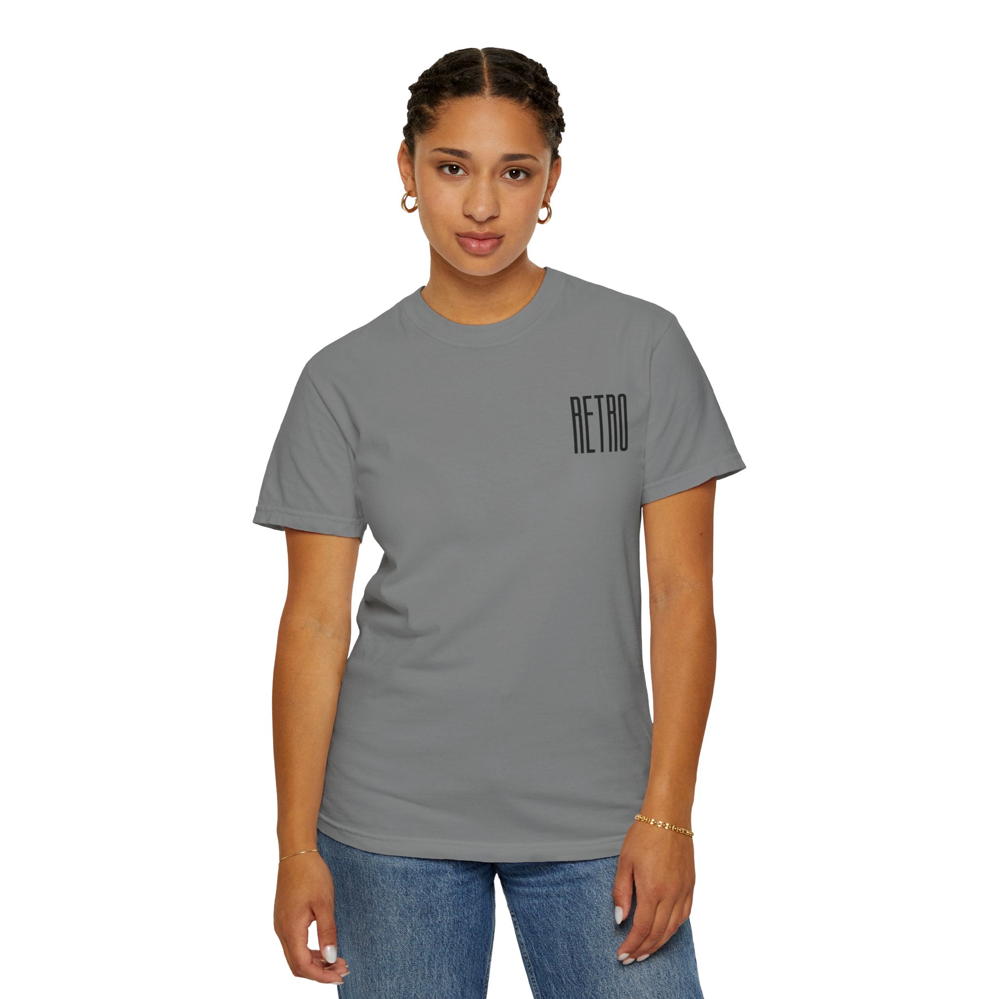 Person wearing a gray t-shirt with 'RETRO' text on a white background