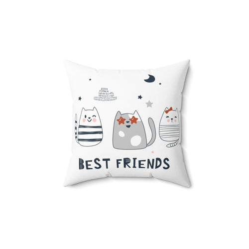 Decorative pillow with cartoon cats and 'Best Friends' text on a white background