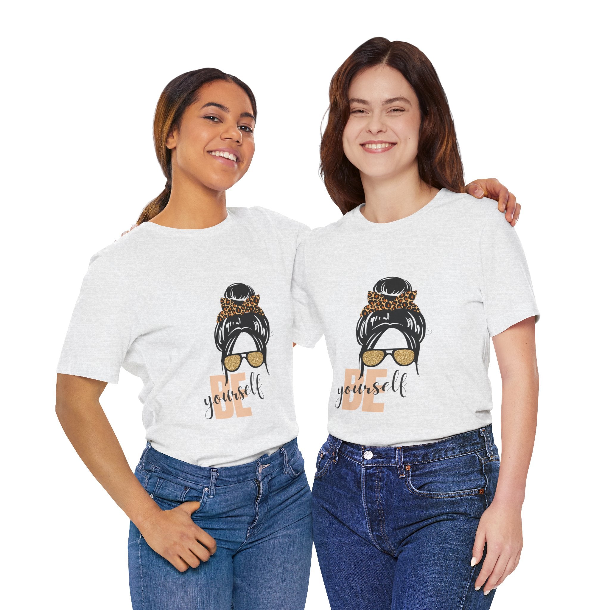 Be Yourself Leopard Bun Girl T-Shirt - Glitter Sunglasses Graphic Shirt