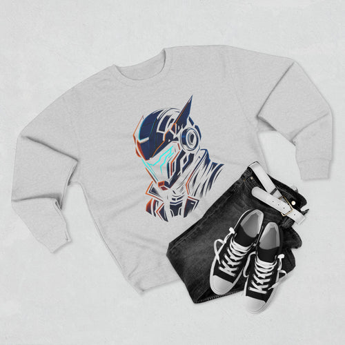 Gray sweatshirt with a colorful graphic design, black shorts, and black sneakers on a light gray background