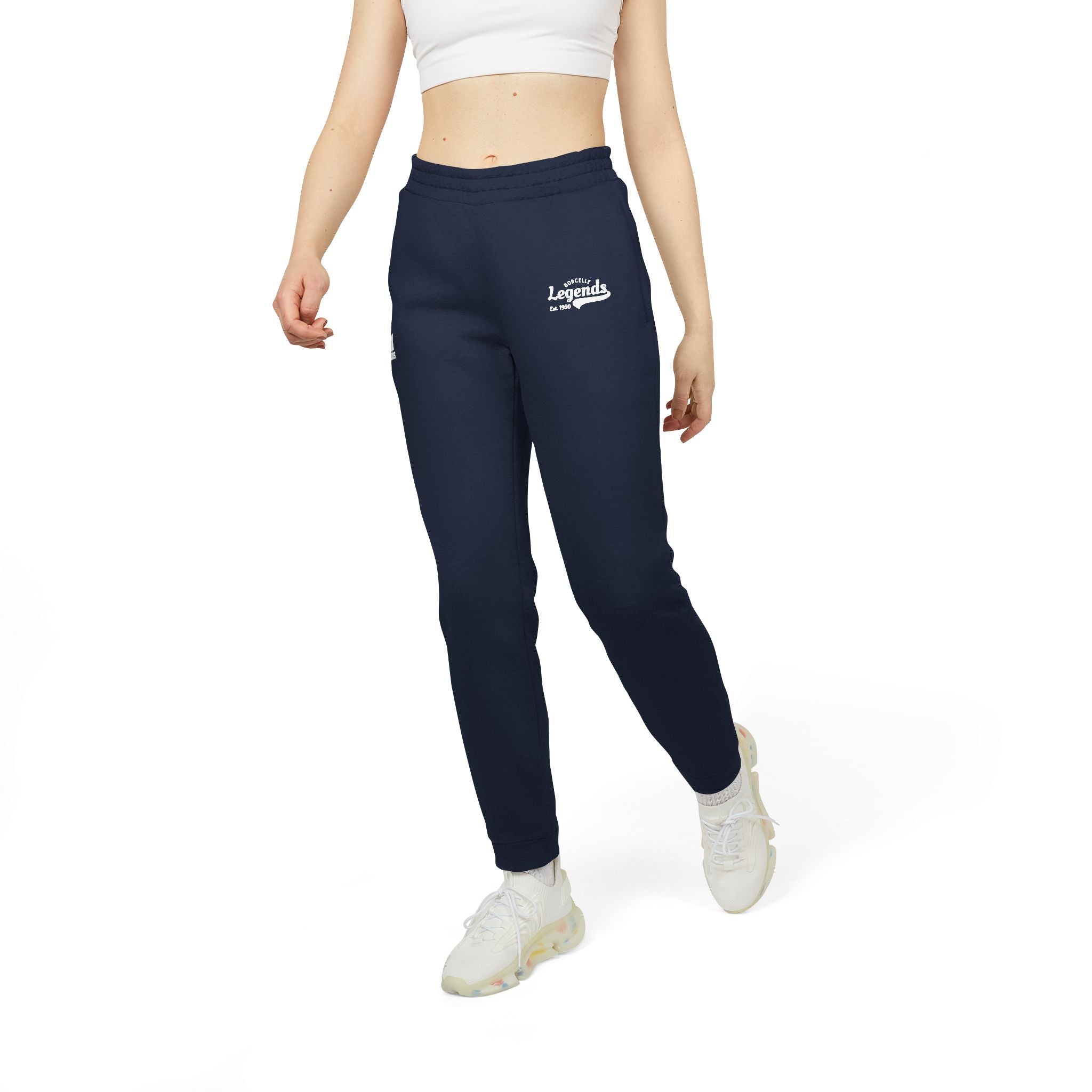 Navy blue sweatpants with a logo worn by a person on a white background