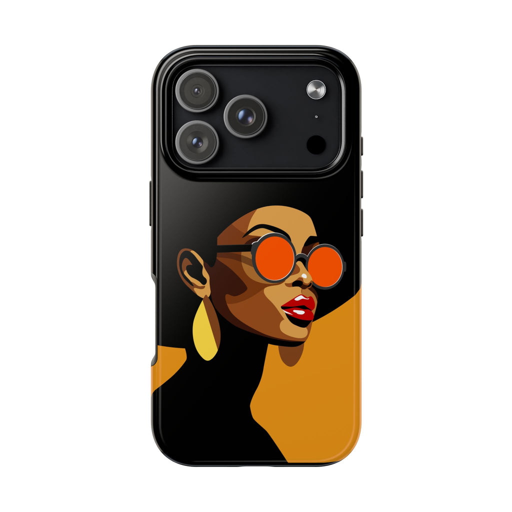 A black phone case featuring a stylized vector illustration of a woman with orange-tinted sunglasses, red lips, and gold earrings, set against a solid black and mustard yellow background.