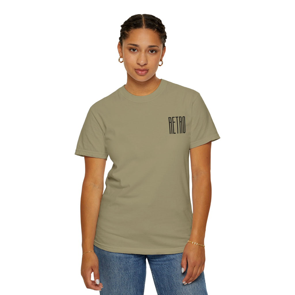 Person wearing a green t-shirt with 'RETRO' text on a white background