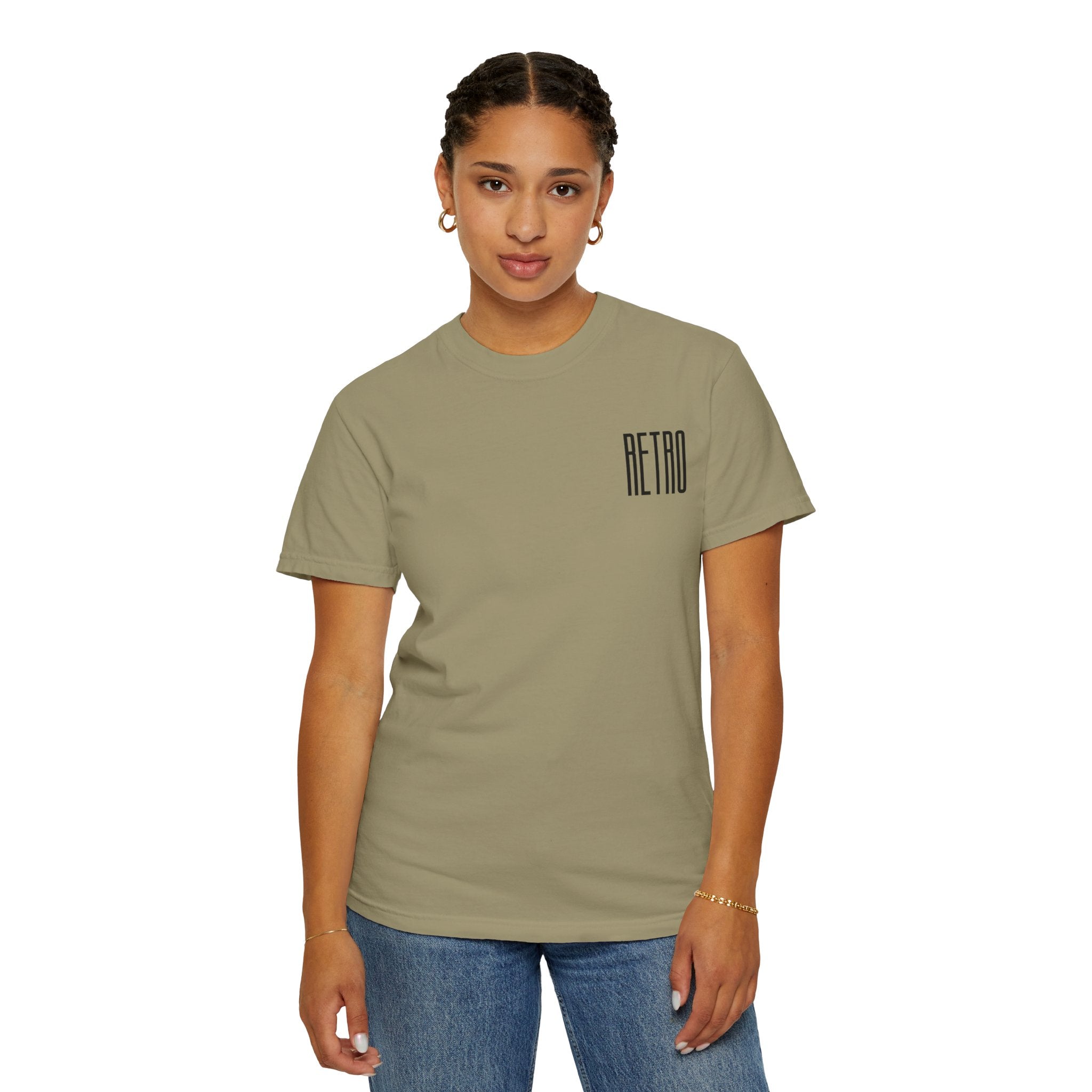 Person wearing a green t-shirt with 'RETRO' text on a white background
