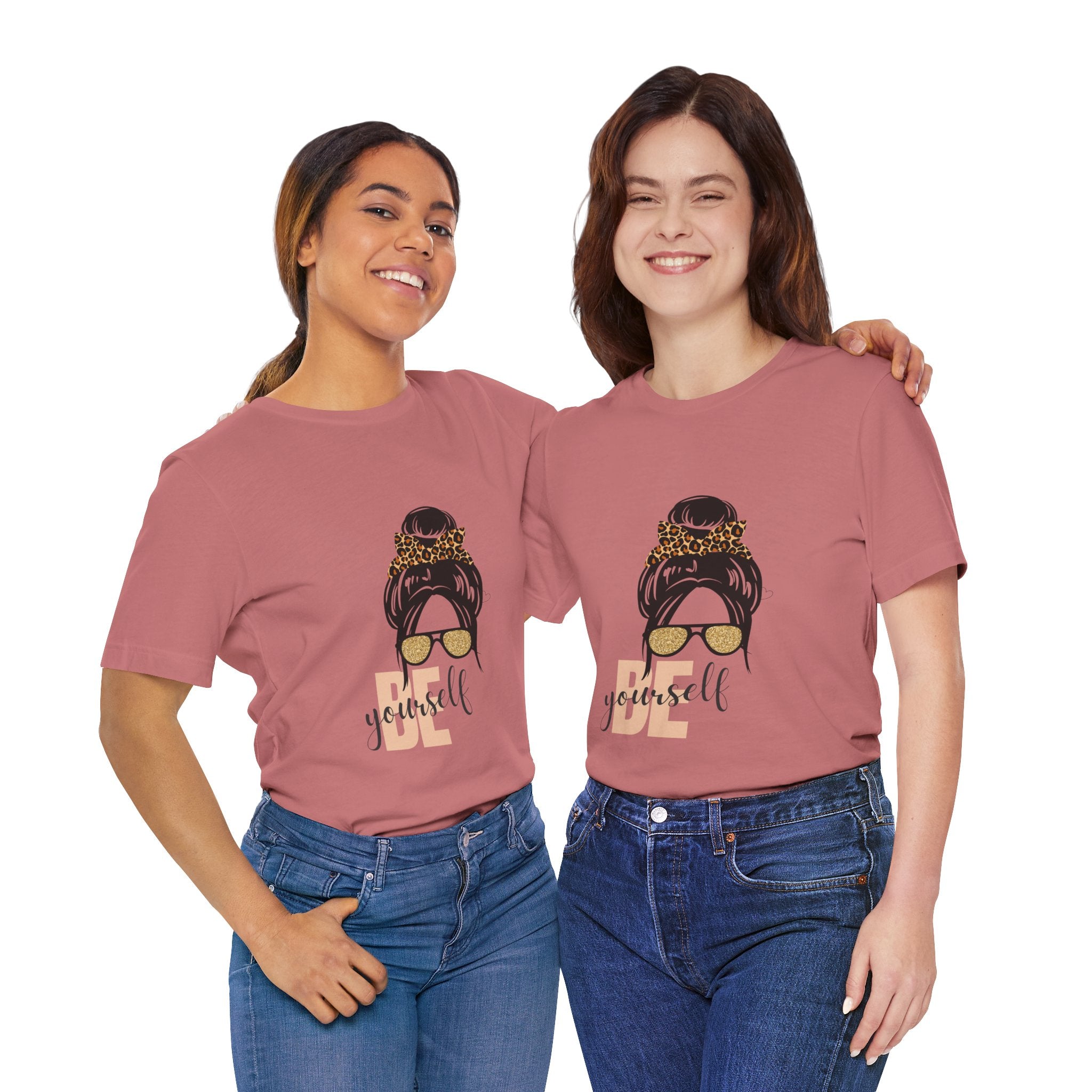 Be Yourself Leopard Bun Girl T-Shirt - Glitter Sunglasses Graphic Shirt