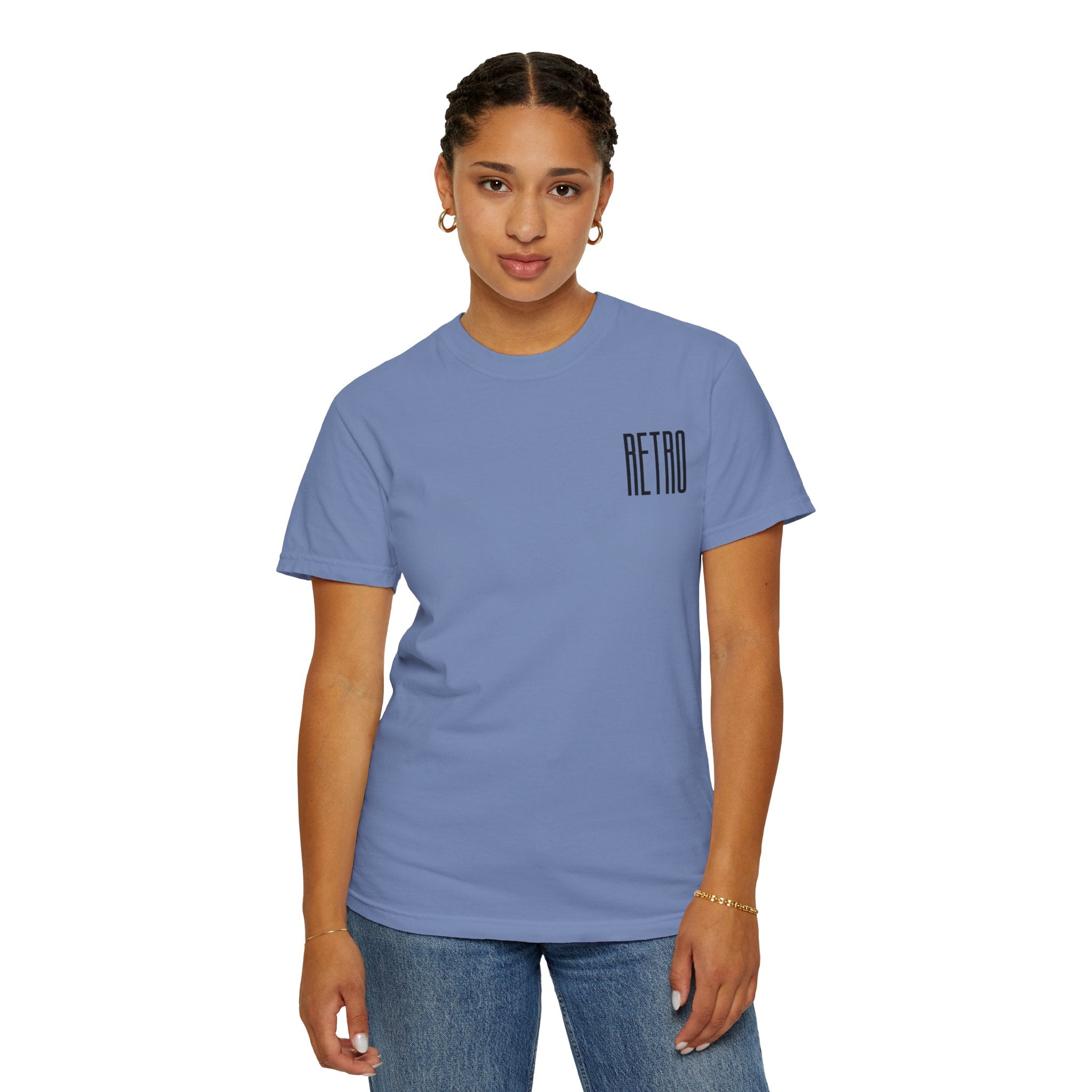 Person wearing a blue t-shirt with 'RETRO' text on a white background