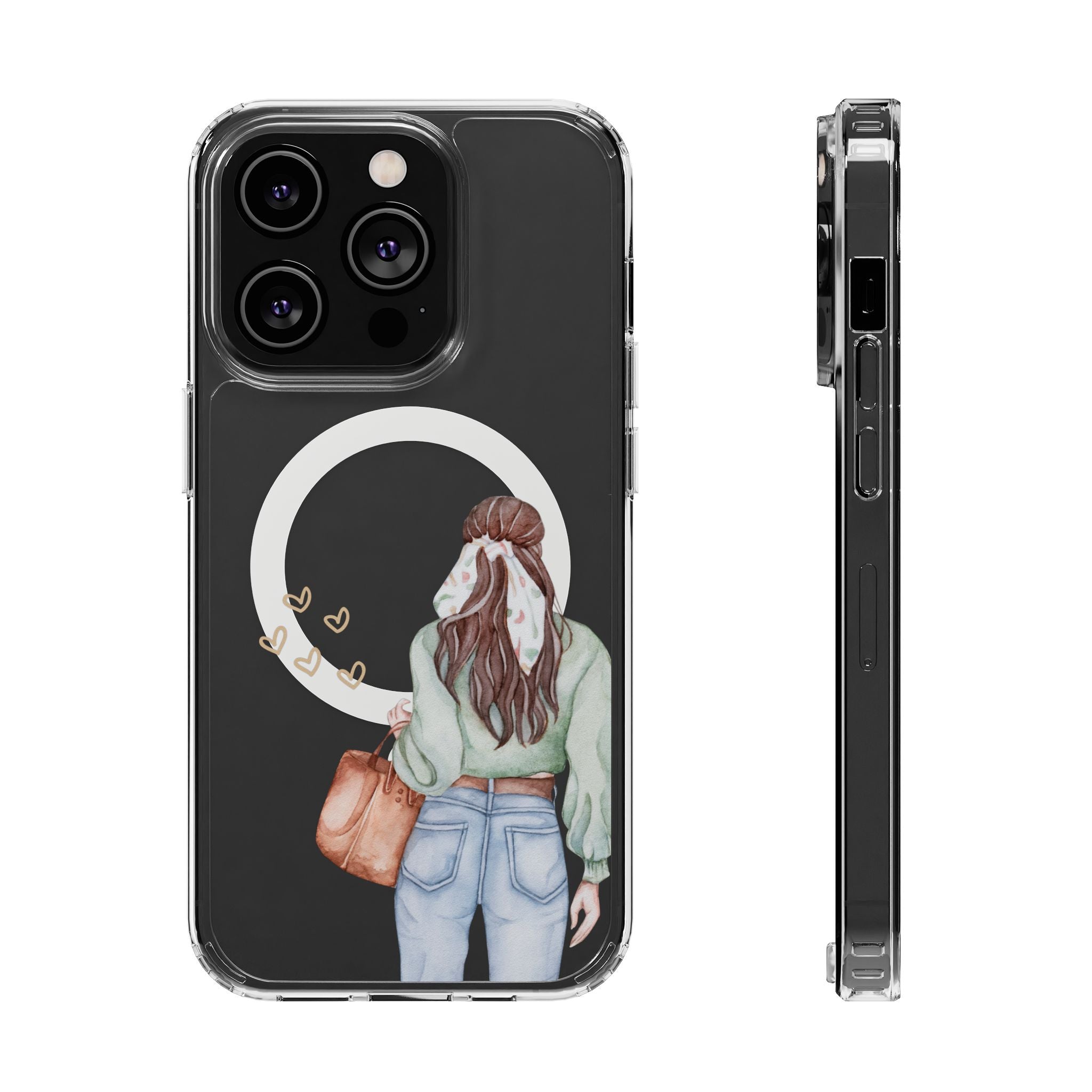 Phone case with illustration of a person with a headscarf and a handbag on a black background