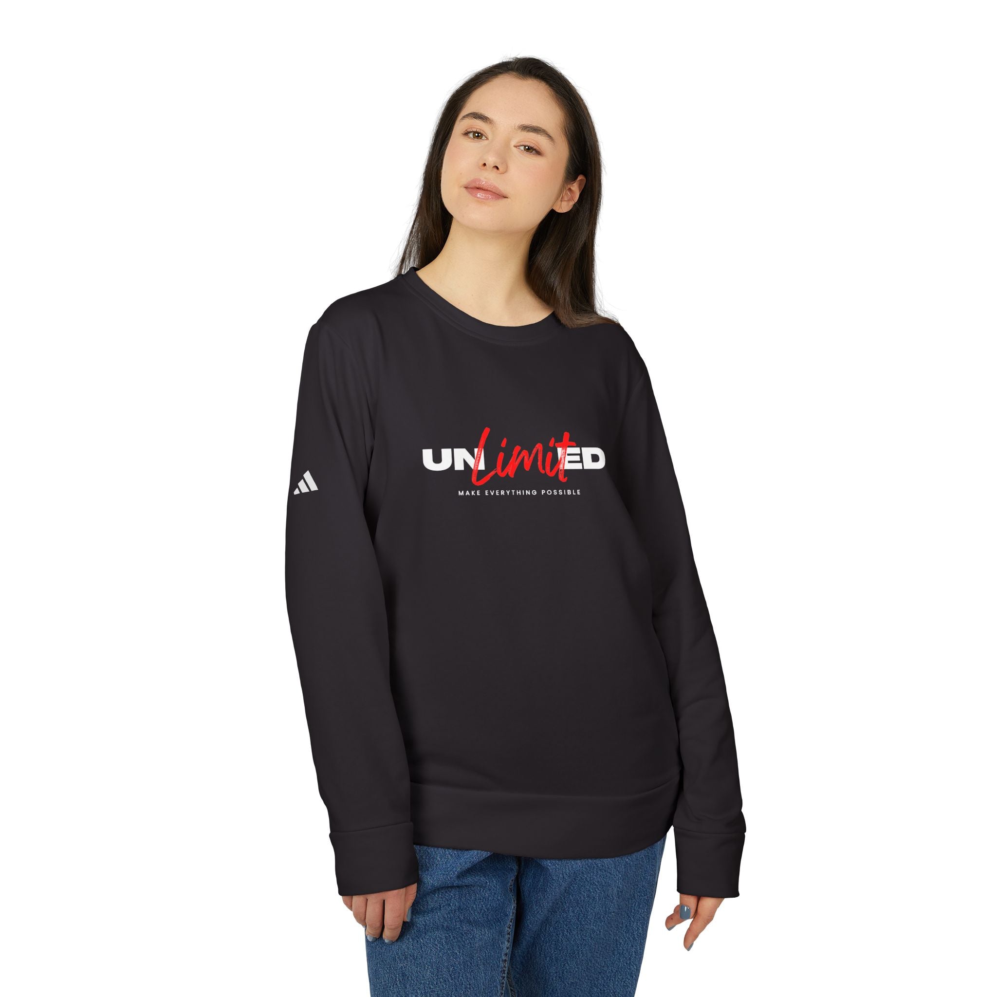 Unlimited Crewneck Sweatshirt — Bold Red Script Motivational Graphic Women's