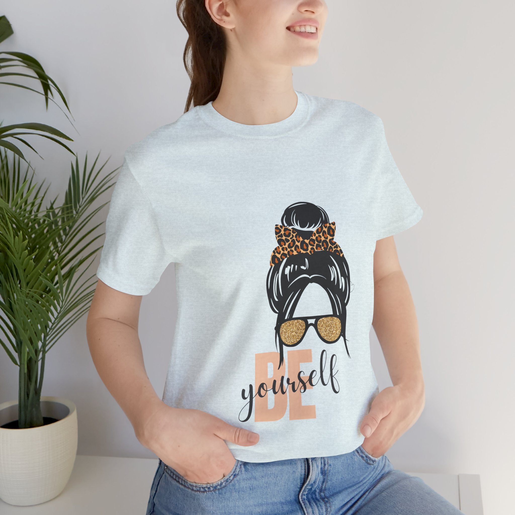 Be Yourself Leopard Bun Girl T-Shirt - Glitter Sunglasses Graphic Shirt