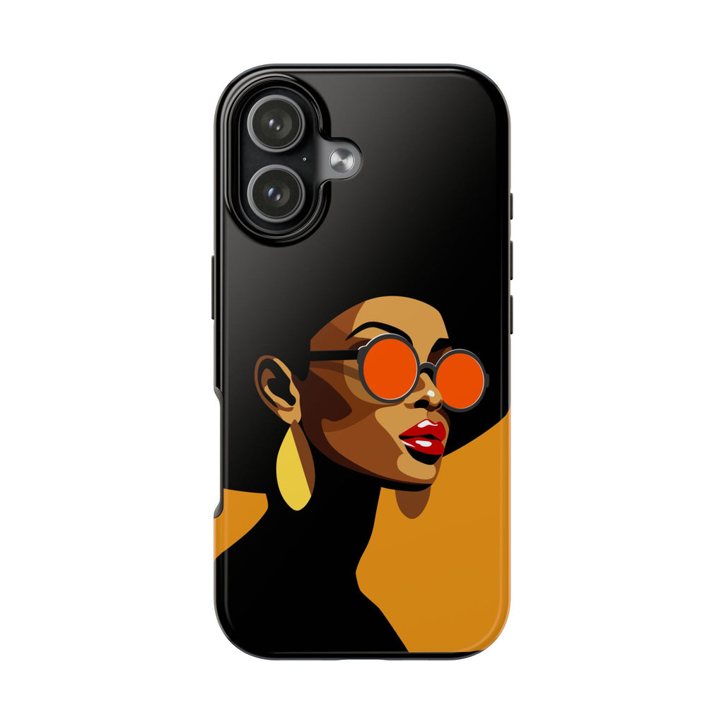 A black phone case featuring a stylized graphic illustration of a woman with orange-tinted sunglasses, red lips, and gold earrings, set against a solid black background with a mustard yellow section at the bottom.