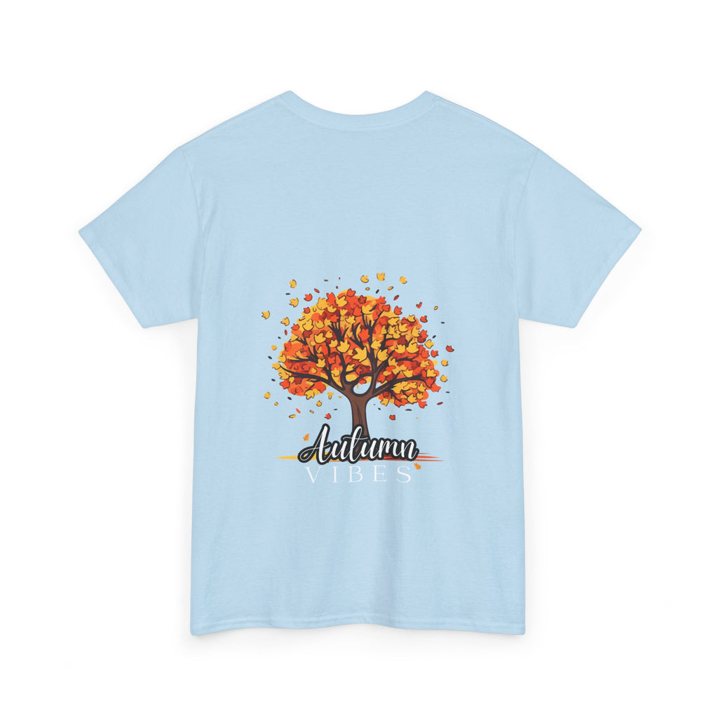 Light blue t-shirt with a colorful autumn tree design on the back against a white background