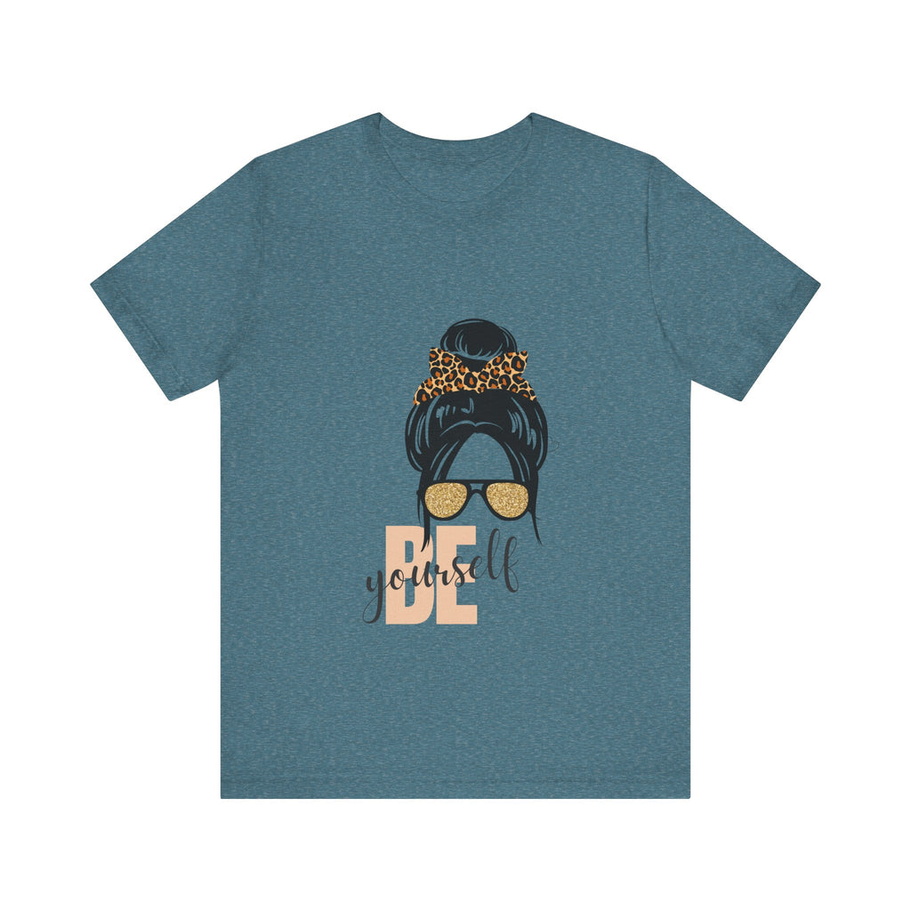 Be Yourself Leopard Bun Girl T-Shirt - Glitter Sunglasses Graphic Shirt