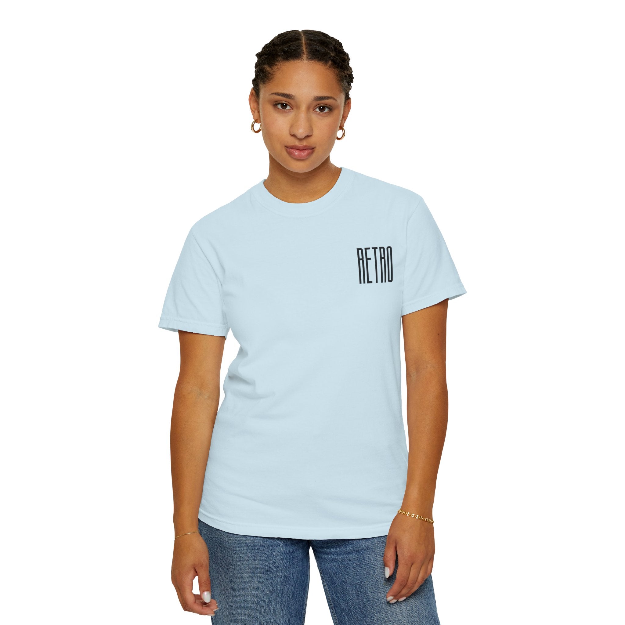 Person wearing a light blue t-shirt with 'RETRO' text on a white background