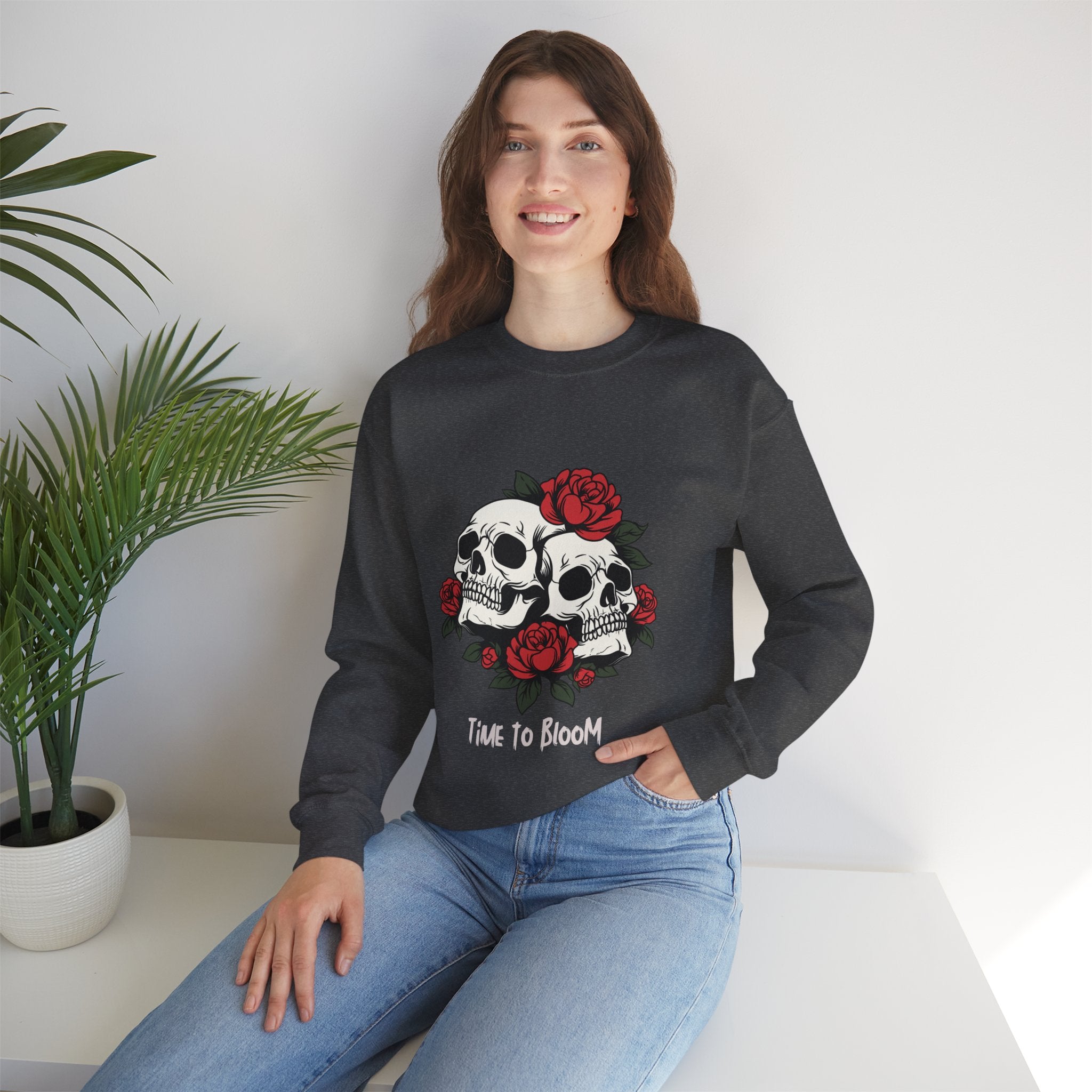 Time to Bloom Skull & Rose Sweatshirt – Gothic Floral Women's T- Shirt