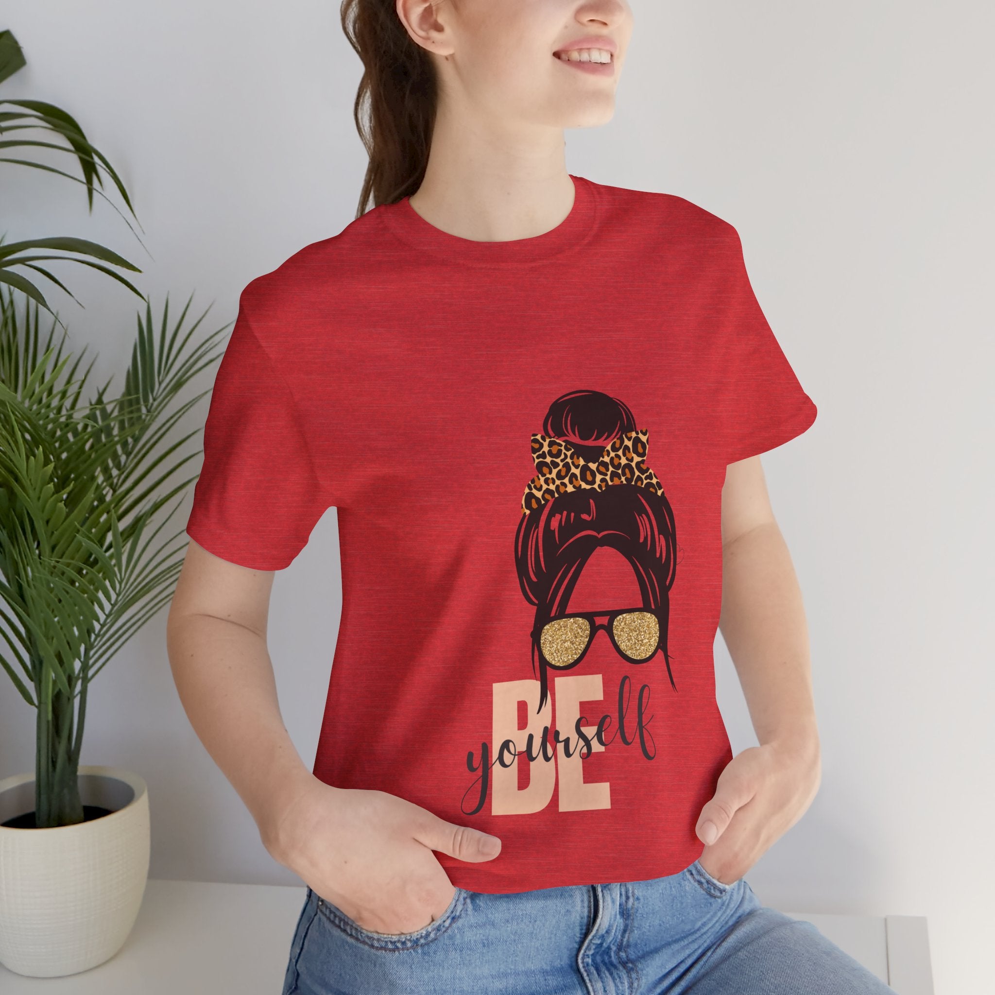 Be Yourself Leopard Bun Girl T-Shirt - Glitter Sunglasses Graphic Shirt