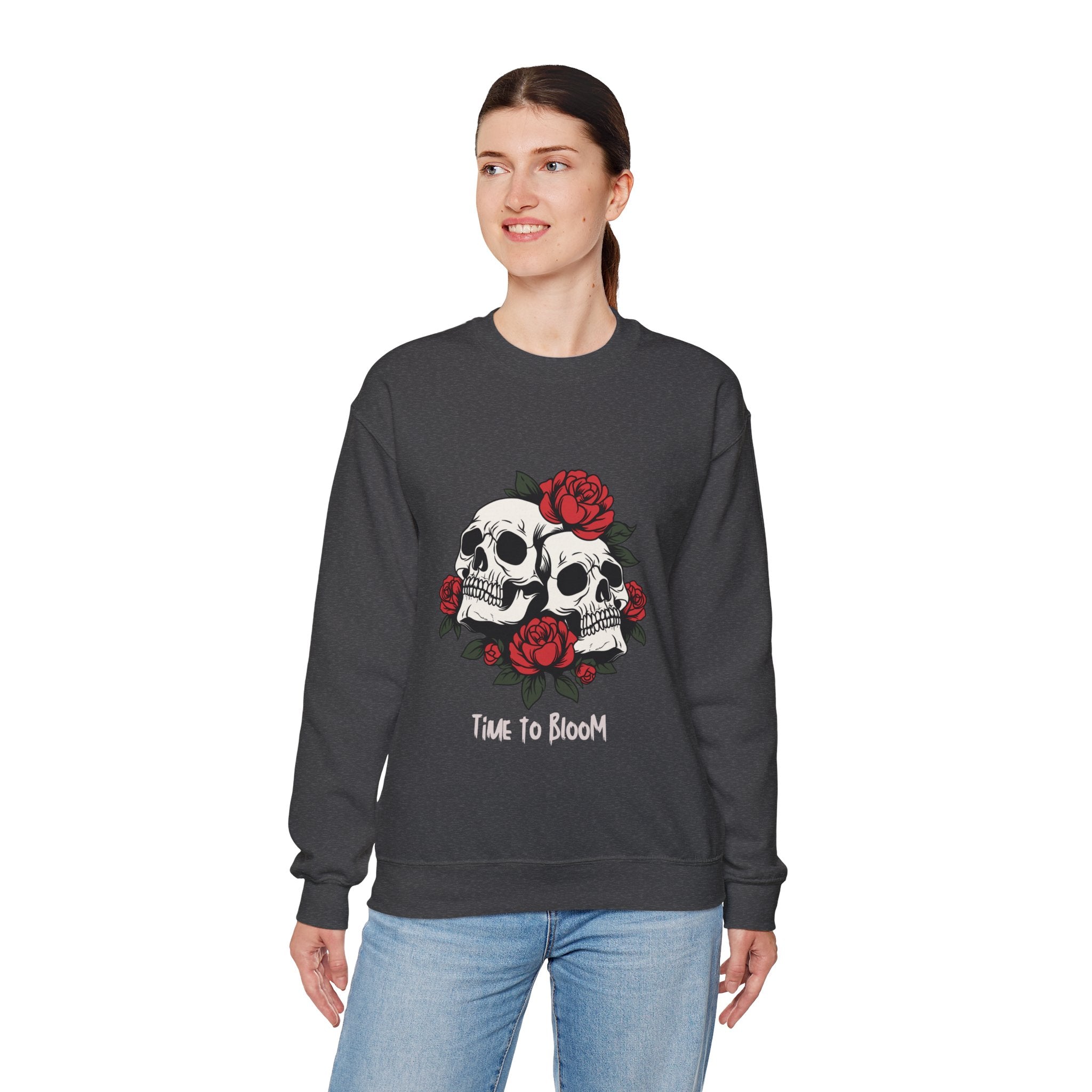 Time to Bloom Skull & Rose Sweatshirt – Gothic Floral Women's T- Shirt
