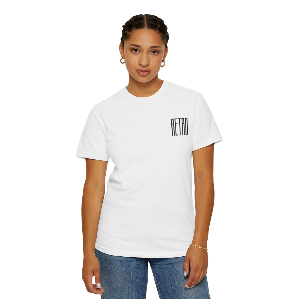 Person wearing a white t-shirt with 'RETRO' text on a white background