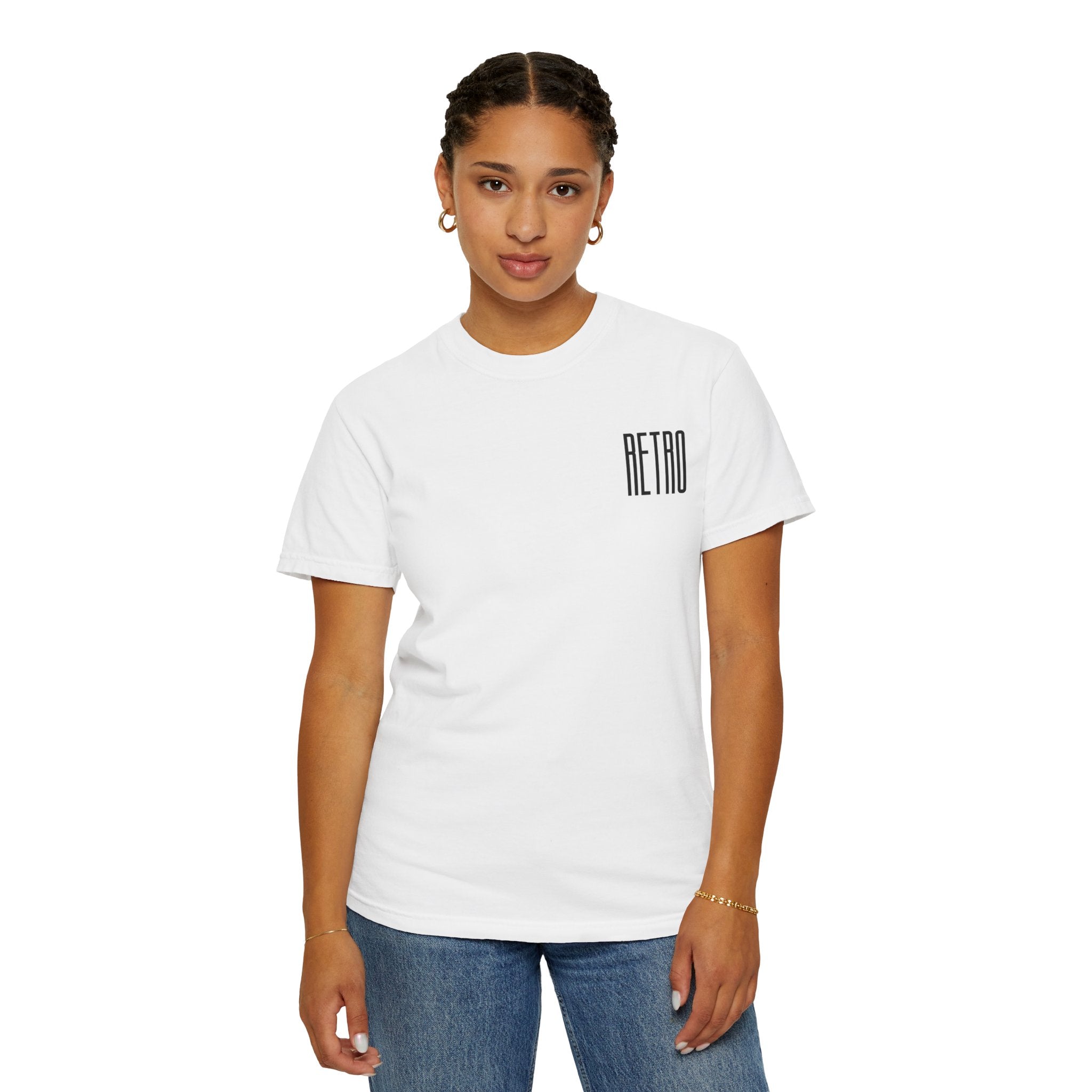 Person wearing a white t-shirt with 'RETRO' text on a white background