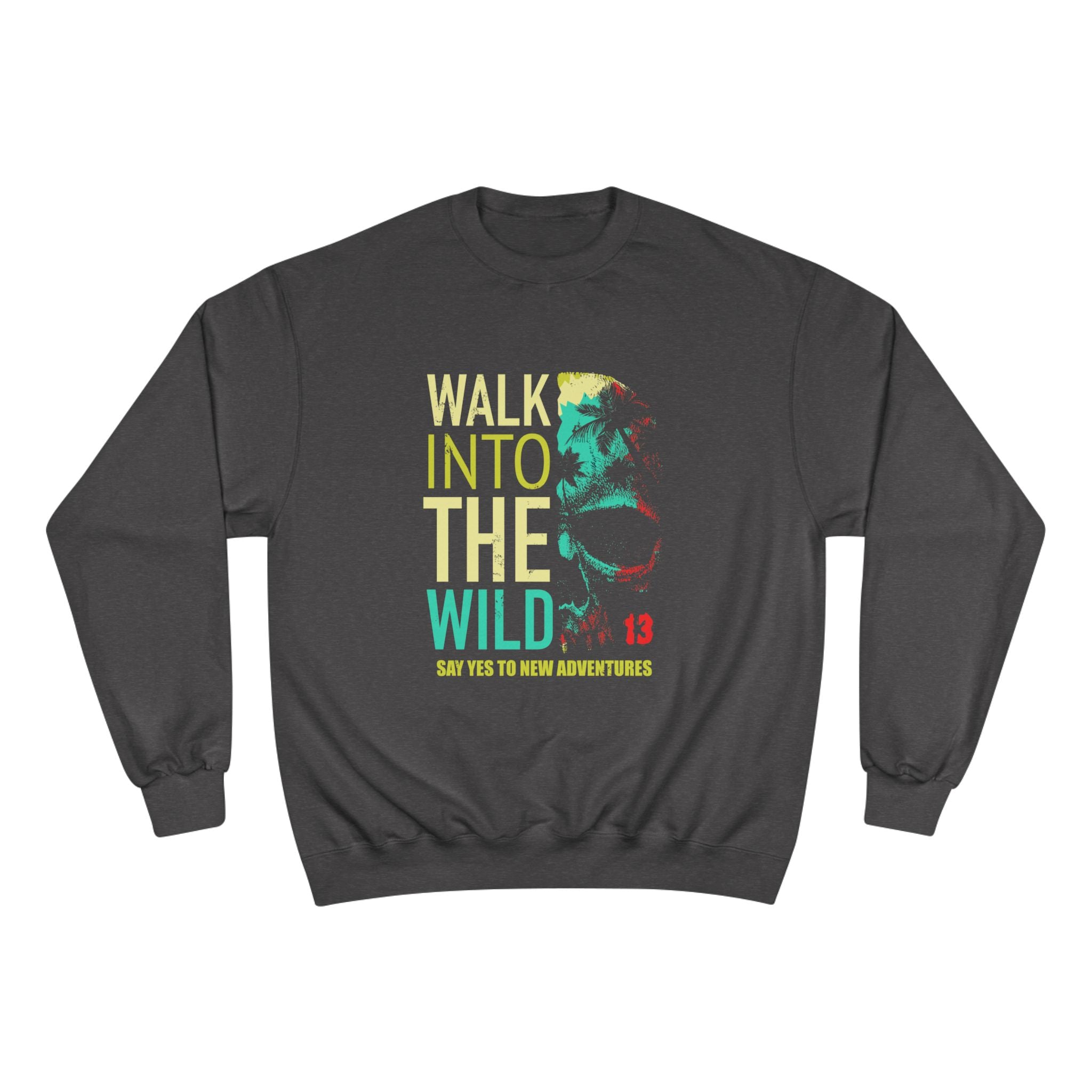 Black sweatshirt with colorful graphic and text on a white background