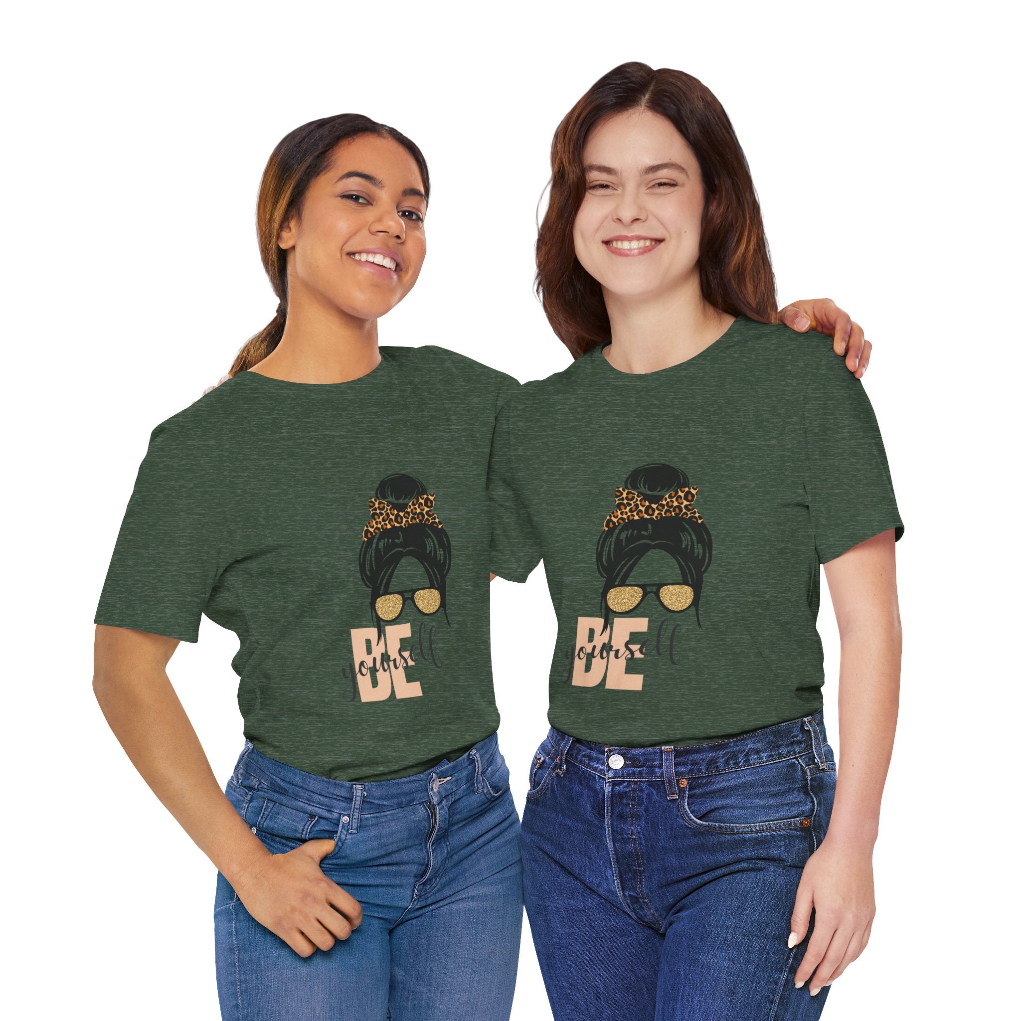 Be Yourself Leopard Bun Girl T-Shirt - Glitter Sunglasses Graphic Shirt