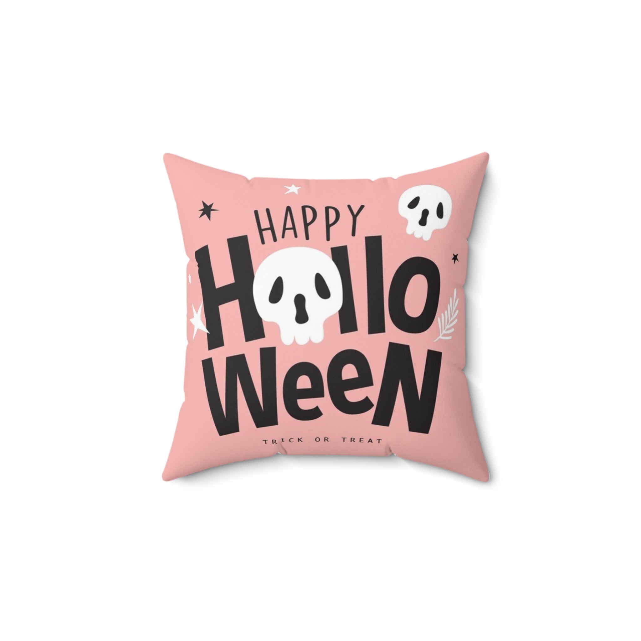 Pink pillow with 'Happy Halloween' text and ghost design on a white background